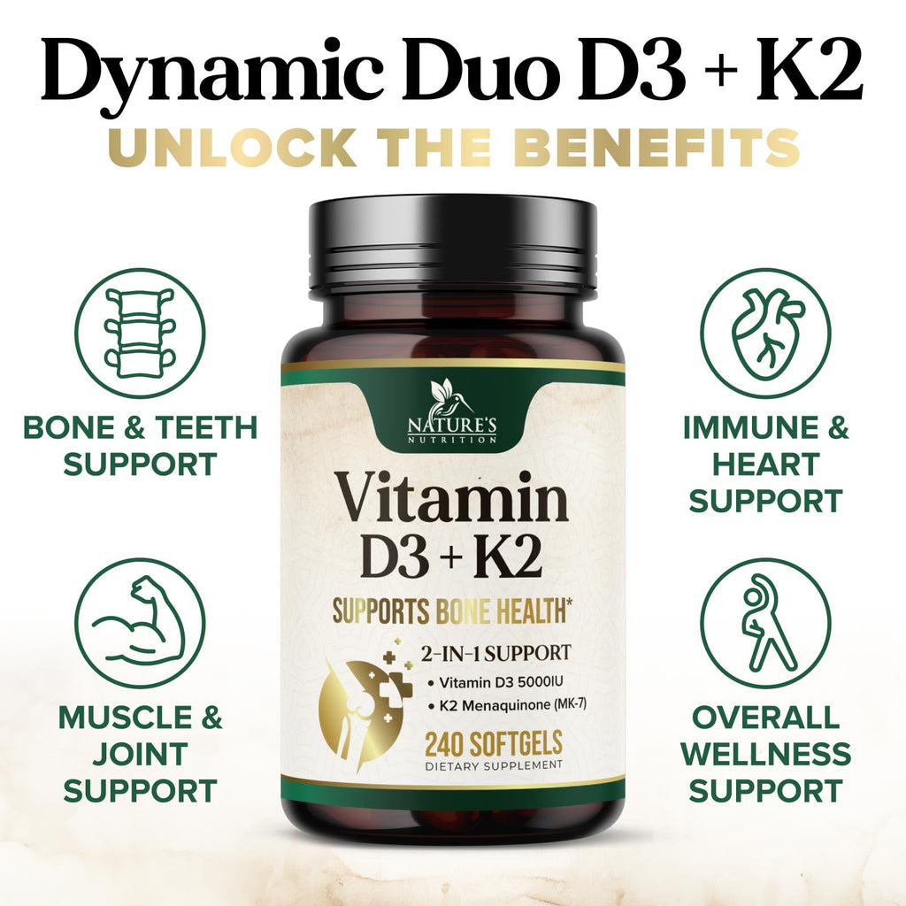 Vitamin D3 K2 5000 IU Plus MK-7 100 mcg – Bone, Immune & Heart Health | 120 Softgels