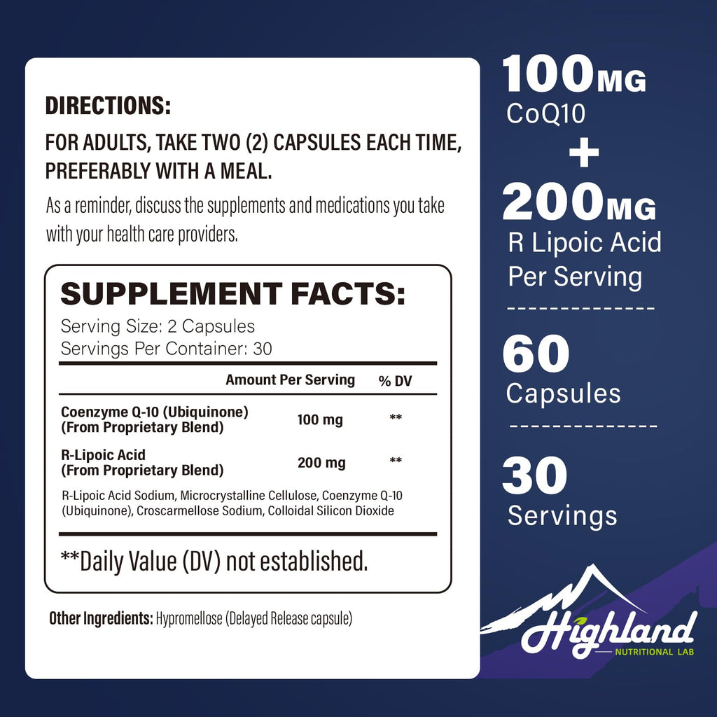 CoQ10 100mg + R-Lipoic Acid 200mg – Highland Nutritional Lab, 180 Capsules