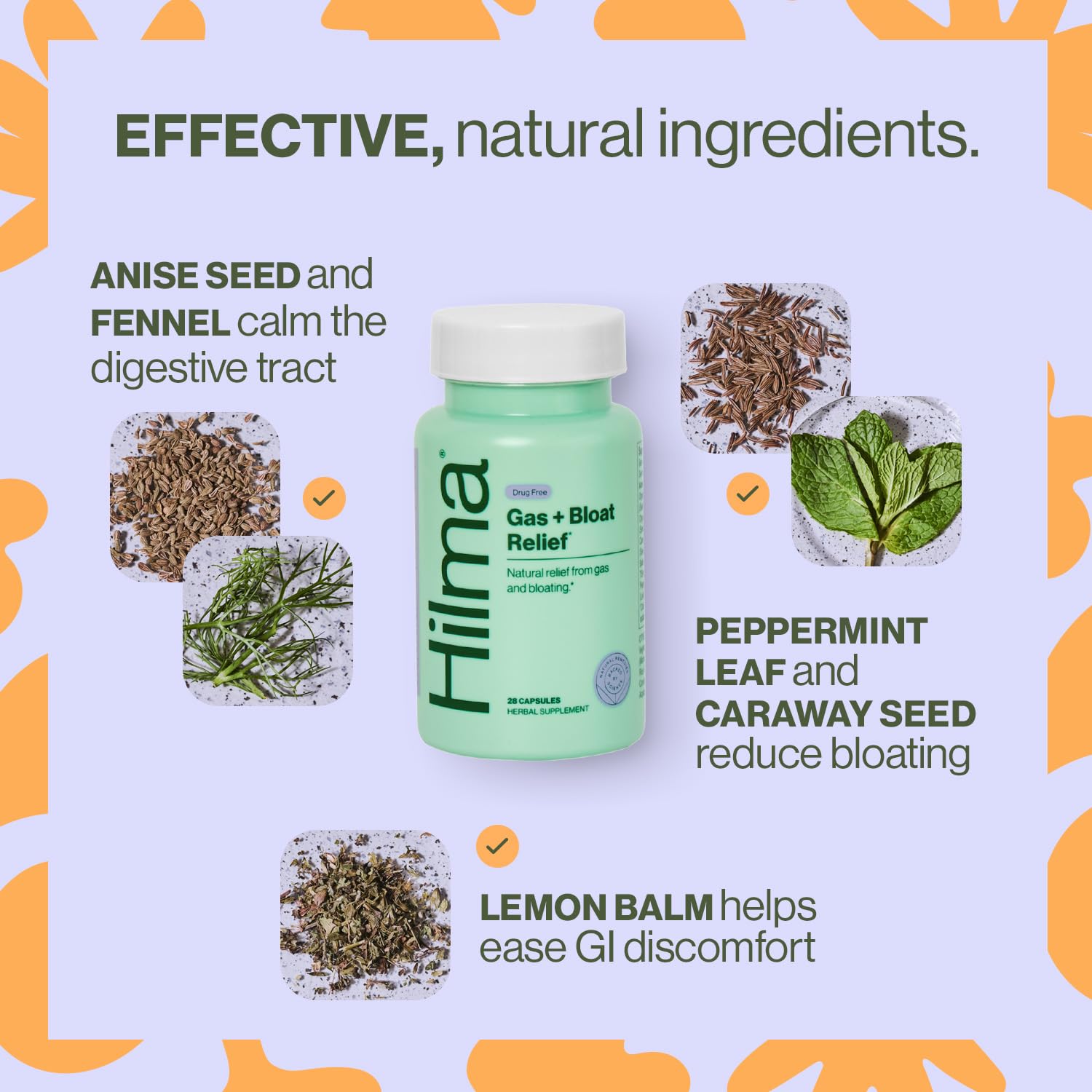 Hilma Gas & Bloat Relief for Women — Natural, Doctor-Formulated with Lemon Balm, Fennel & Peppermint (50 Vegan Capsules)