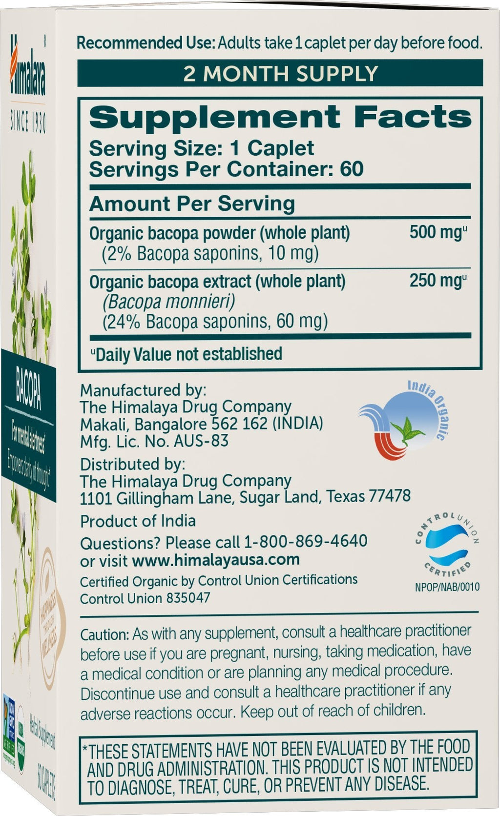 Himalaya Bacopa Monnieri Nootropic – Organic Mind Support, 750 mg, 60 Caplets