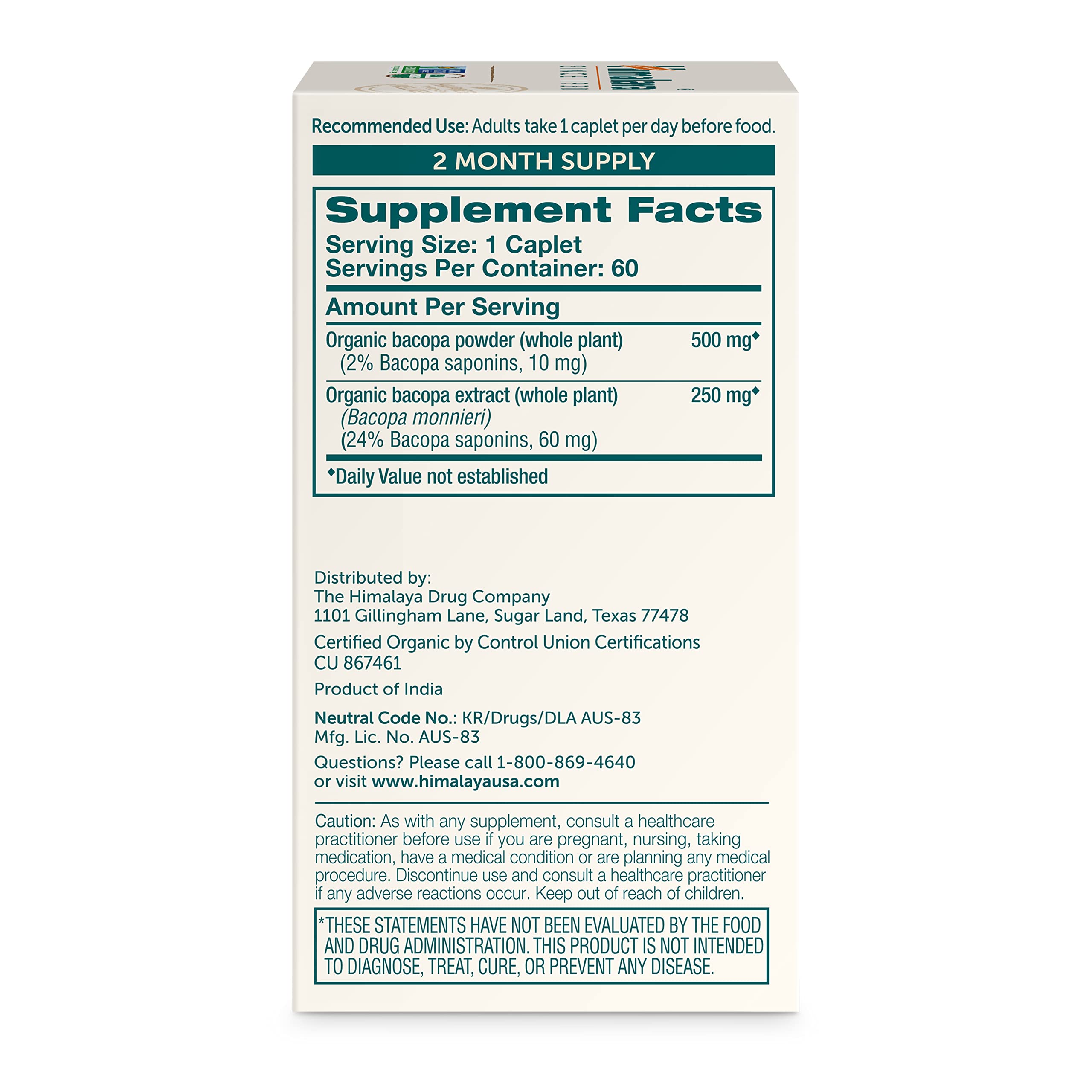 Himalaya Bacopa Monnieri Nootropic – Organic 750 mg, 60 Caplets