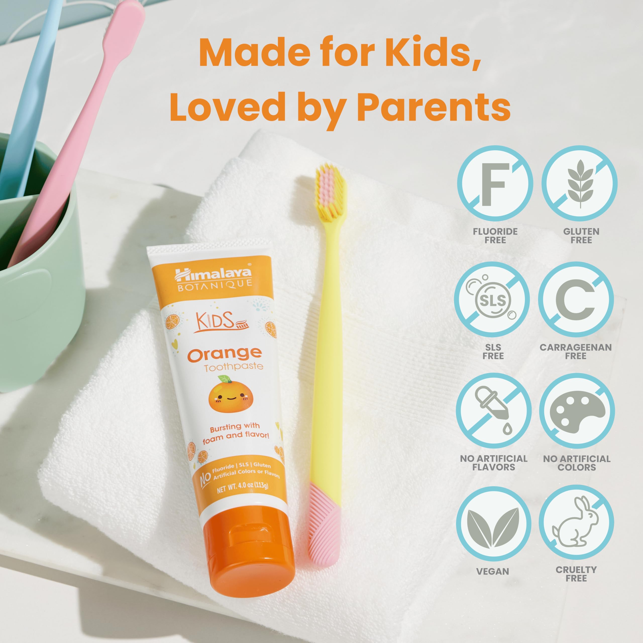 Himalaya Botanique Kids Toothpaste – Herbal Orange Flavor, Fluoride-Free, Vegan, SLS-Free, 4 Oz (1 Pack)