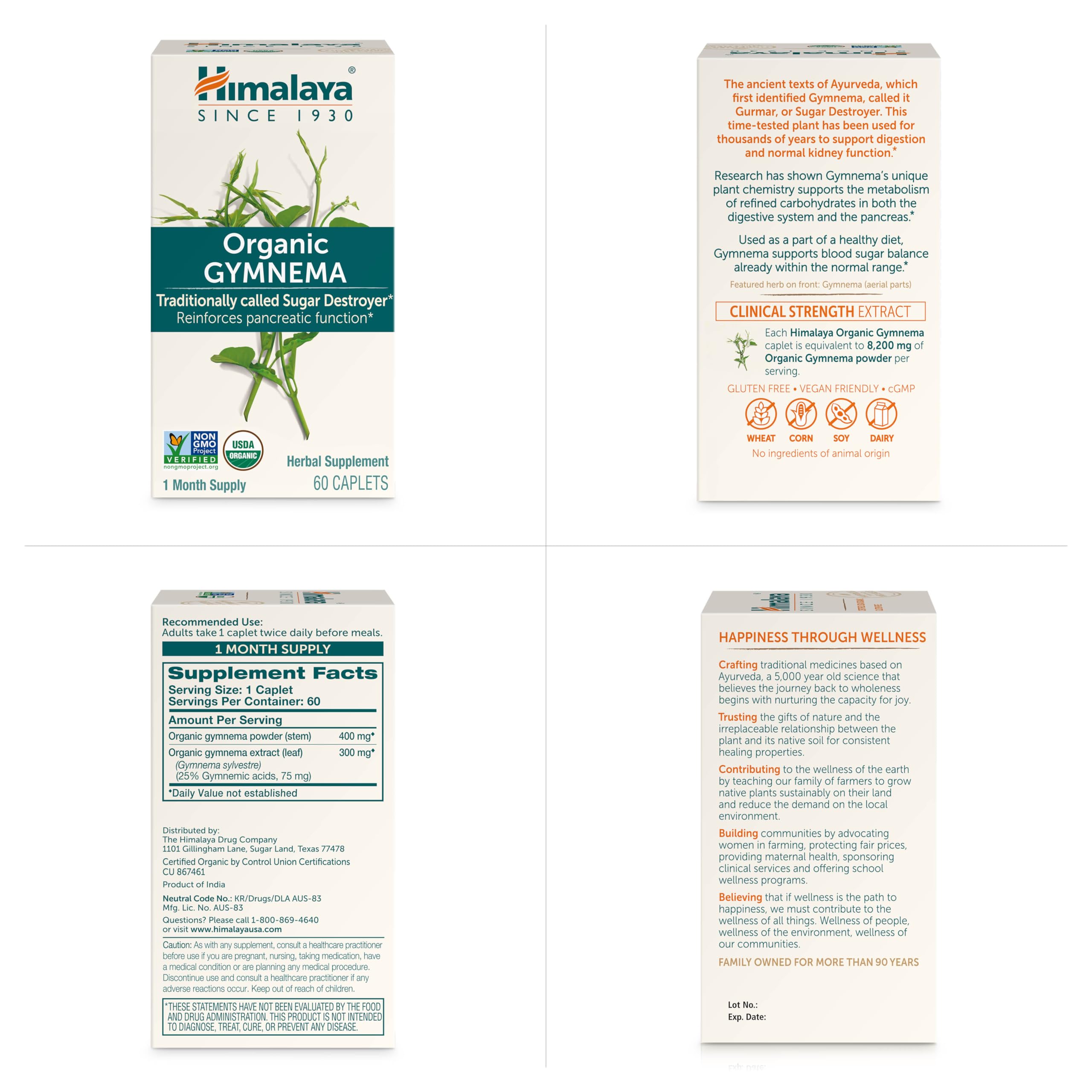 Himalaya Organic Gymnema Sylvestre – Herbal Glucose Metabolism Support - USDA Organic, Non-GMO, Vegan, Gluten Free, Additive Free, 700 mg, 60 Caplets