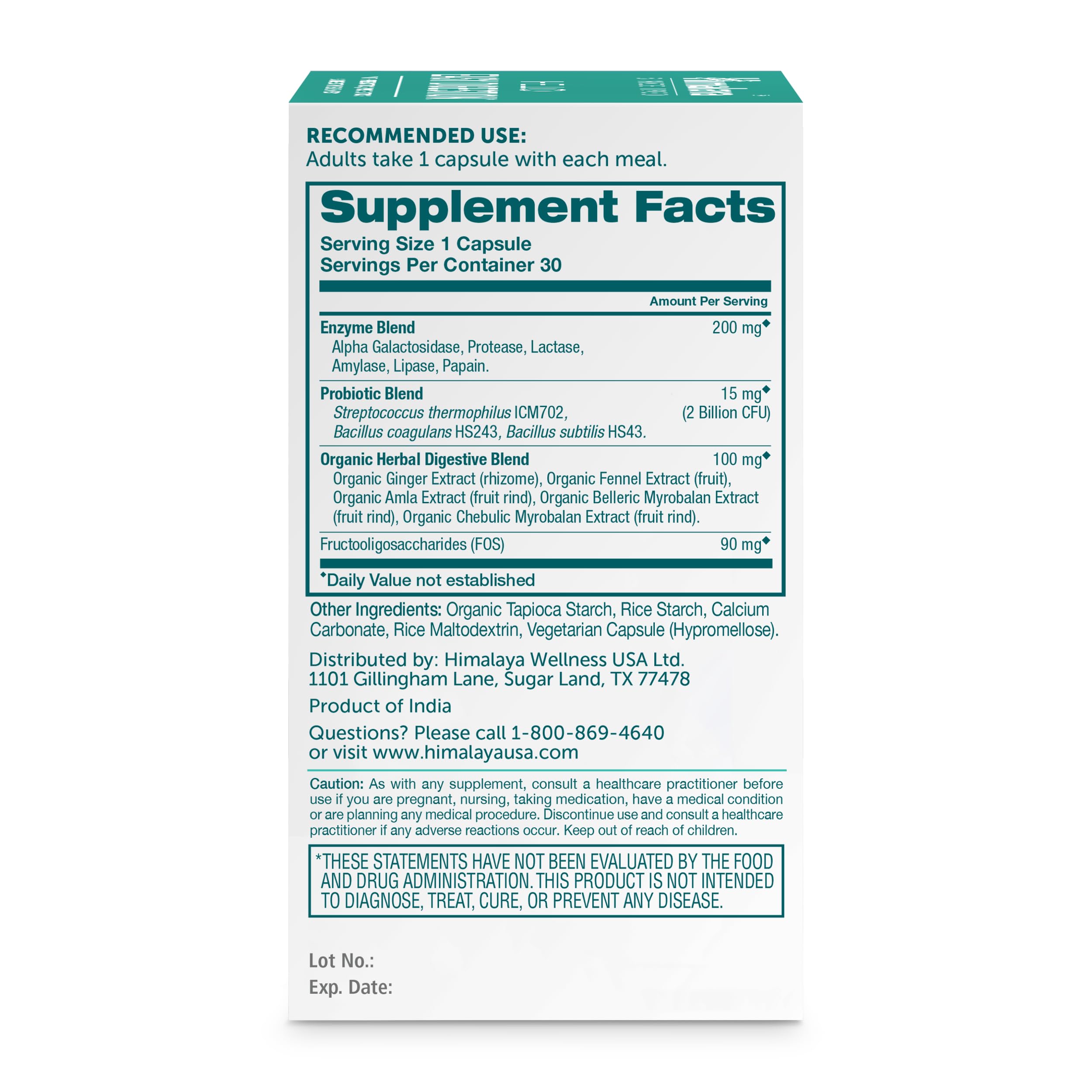 Himalaya Hello Easy Digestion - Digestive Enzymes, 2 Billion CFU Probiotics + Prebiotics, Ginger, Fennel & Triphala, 30 Veg Capsules