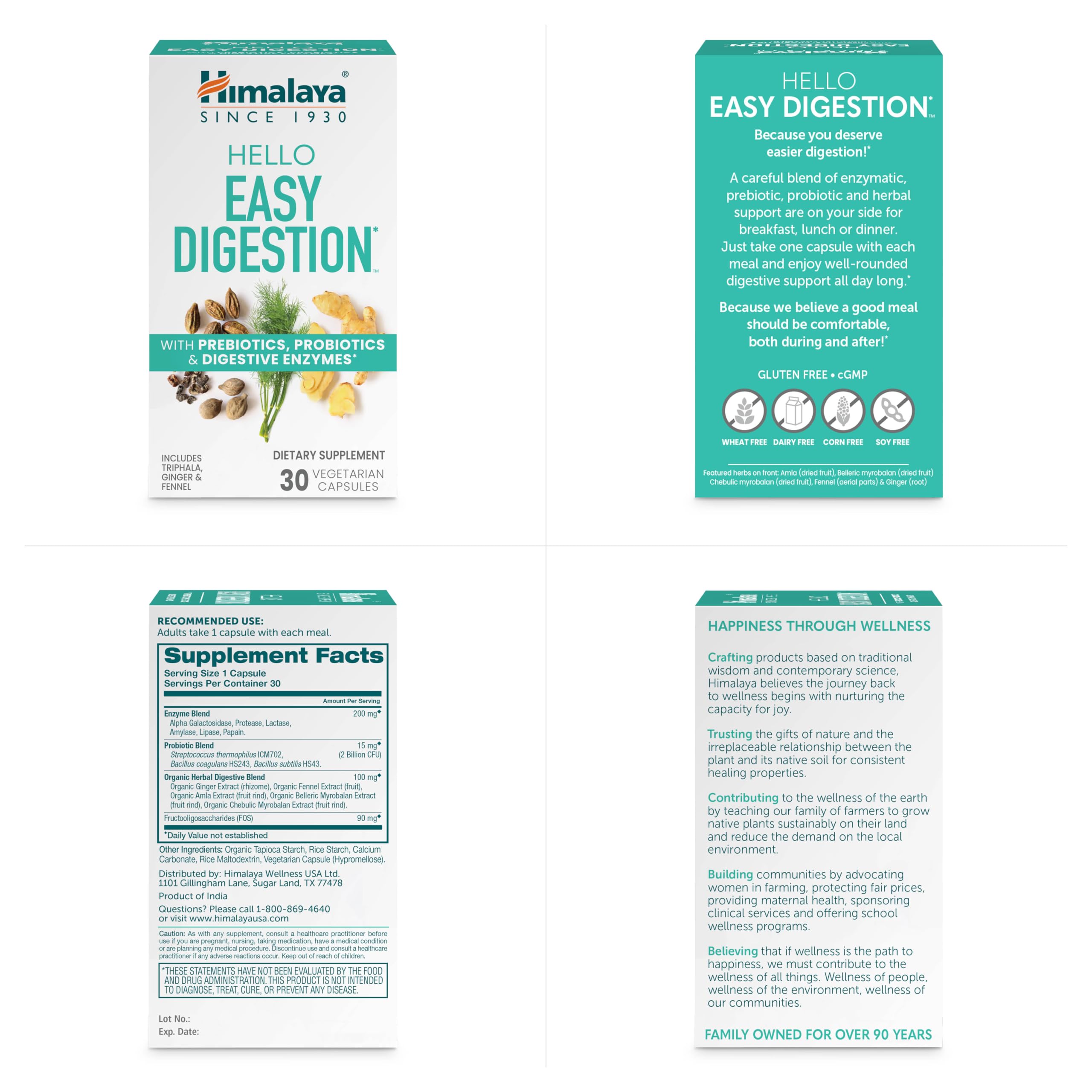 Himalaya Hello Easy Digestion - Digestive Enzymes, 2 Billion CFU Probiotics + Prebiotics, Ginger, Fennel & Triphala, 30 Veg Capsules