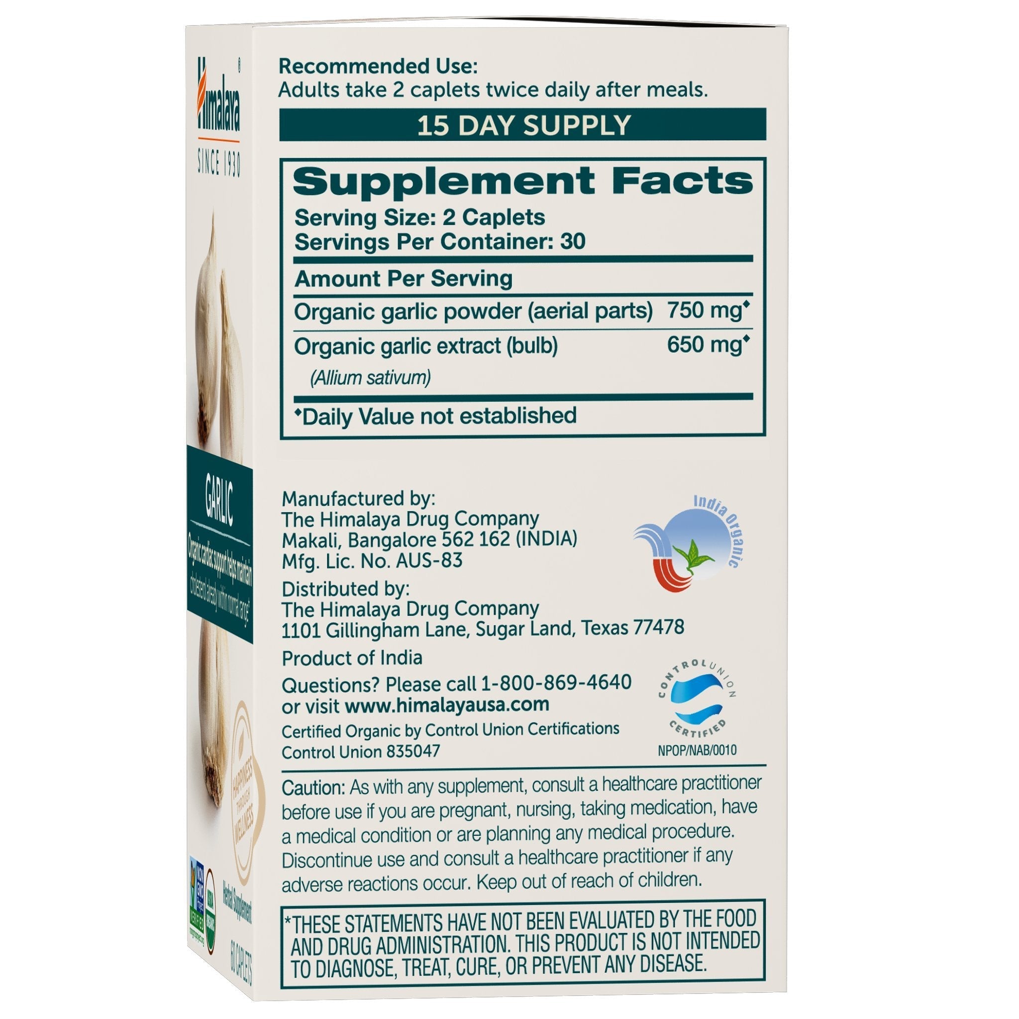 Himalaya Organic Garlic 1,400 mg | Lipid Metabolism & Immune Support | 60 Caplets (1 Month Supply, 2 Pack)