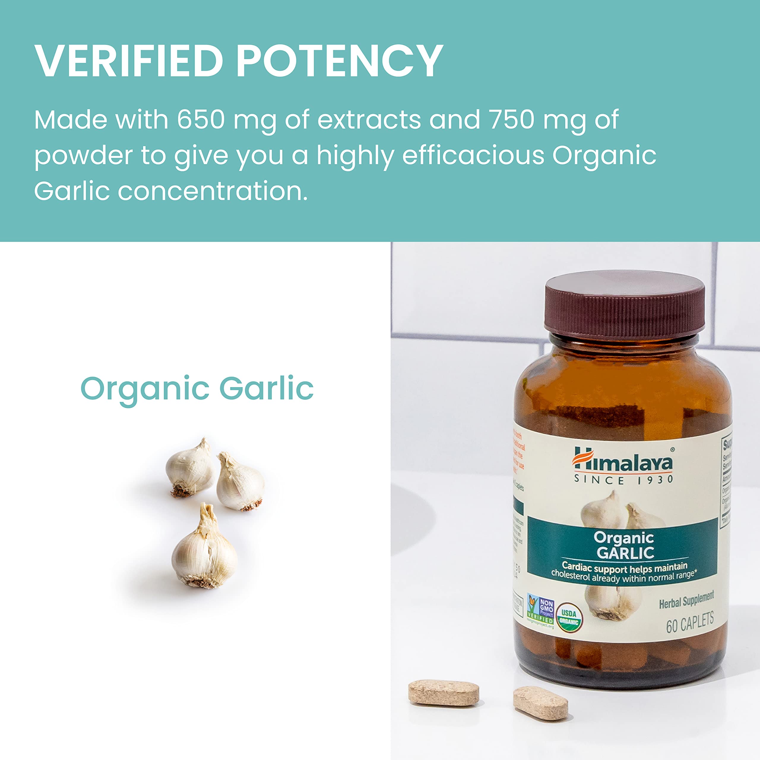 Himalaya Organic Garlic 1,400 mg | Lipid Metabolism & Immune Support | 60 Caplets (1 Month Supply, 2 Pack)