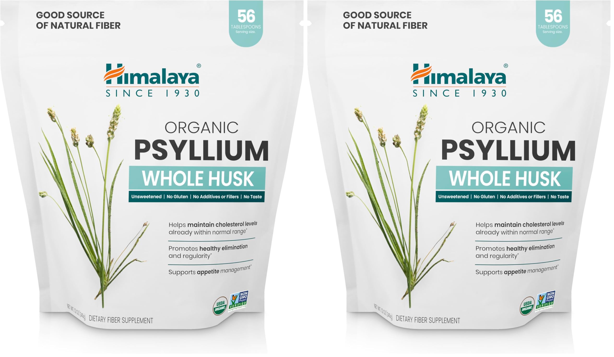 Himalaya Organic Psyllium Whole Husk – 2-Pack, 56 Tbsp, Unflavored, USDA Organic, Non-GMO Fiber Supplement