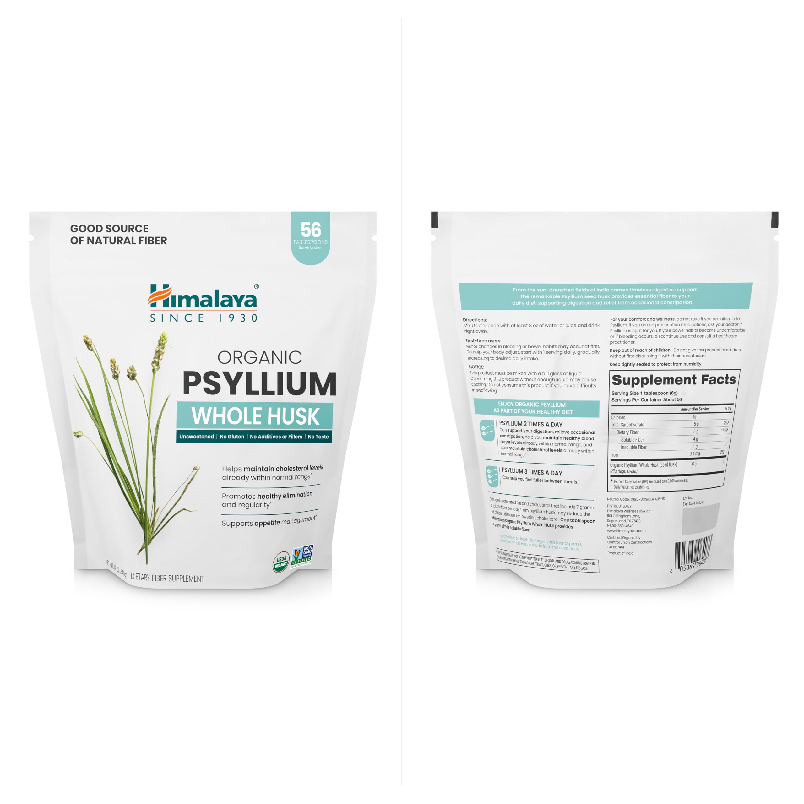 Himalaya Organic Psyllium Whole Husk – 2-Pack, 56 Tbsp, Unflavored, USDA Organic, Non-GMO Fiber Supplement