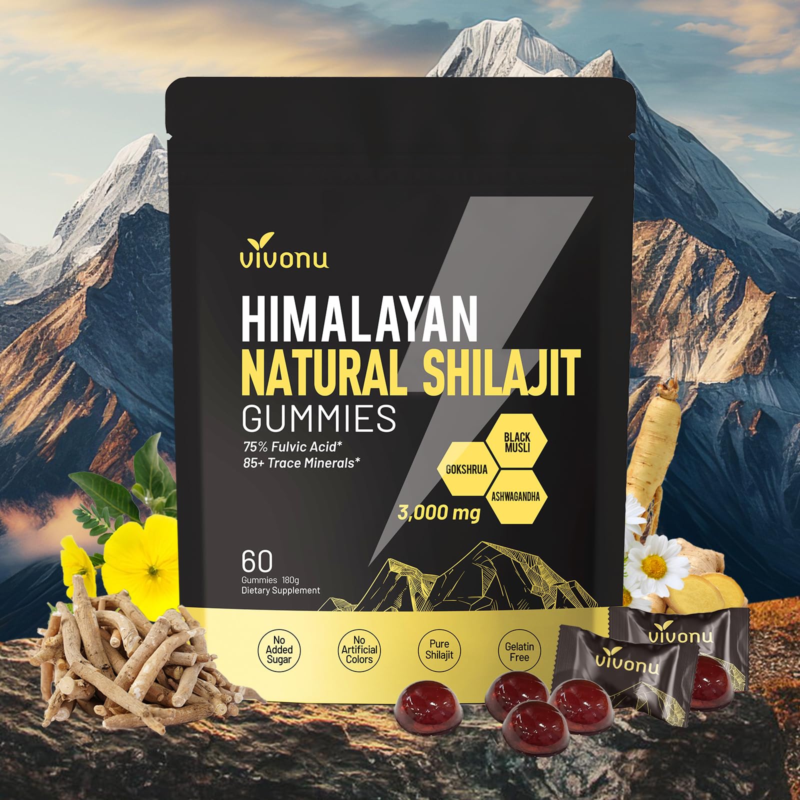 Himalayan Shilajit Gummies with Ashwagandha & Gokshura | 85+ Trace Minerals & Fulvic Acid | Organic, Non-GMO