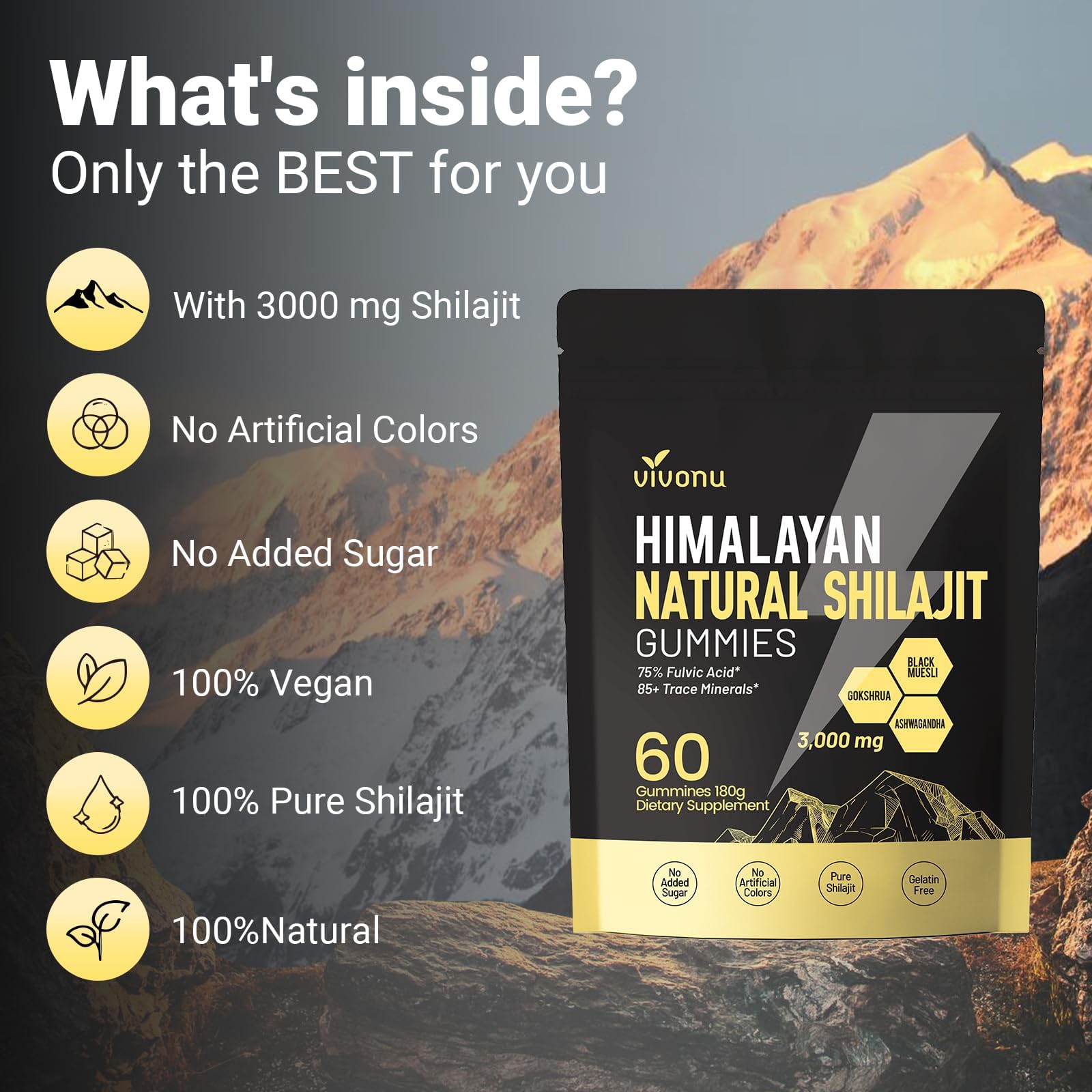 Himalayan Shilajit Gummies with Ashwagandha & Gokshura | 85+ Trace Minerals & Fulvic Acid | Organic, Non-GMO