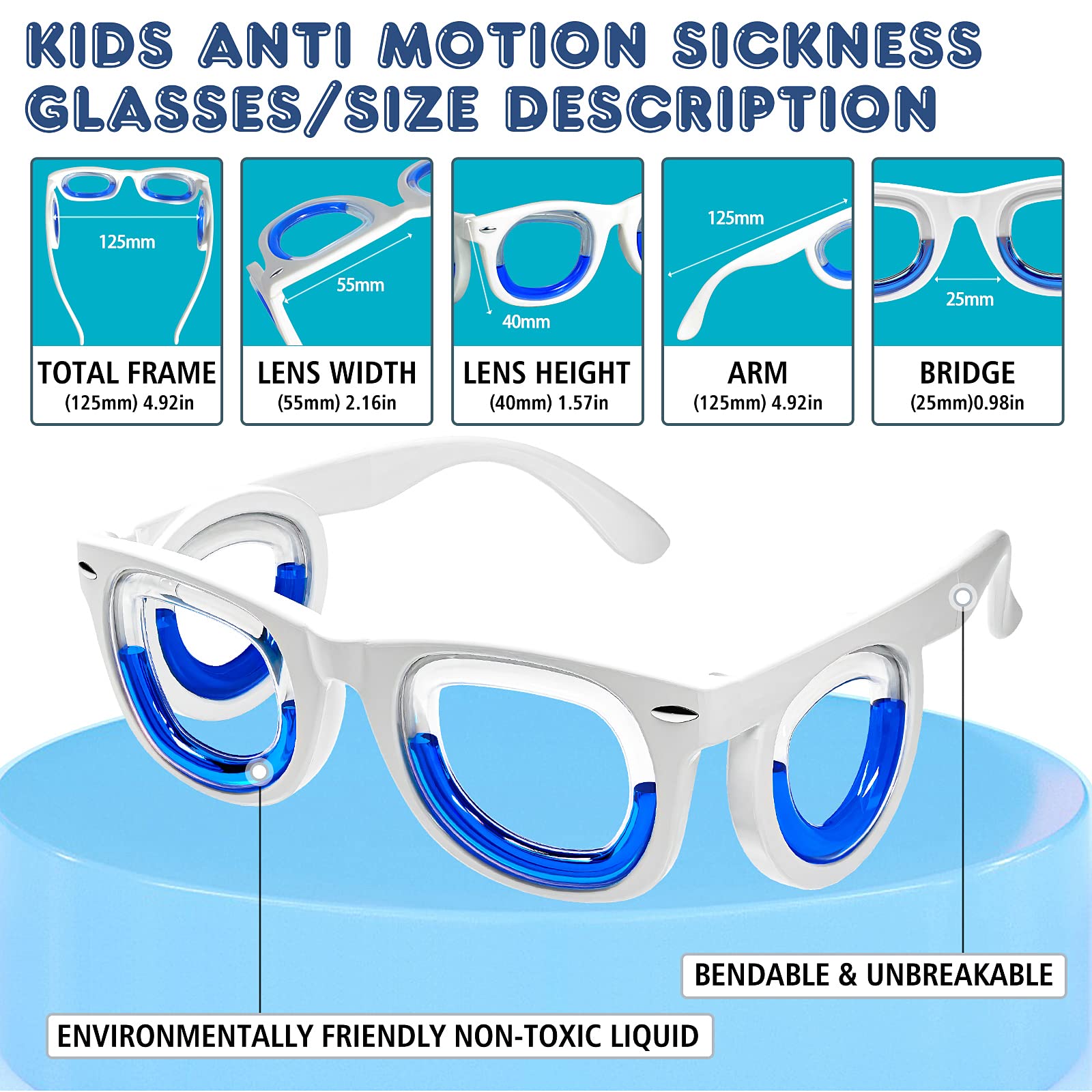 Hion Kids Anti-Motion Sickness Smart Glasses (3-8 Years) – Ultra-Light Travel Glasses for Nausea Relief (White)