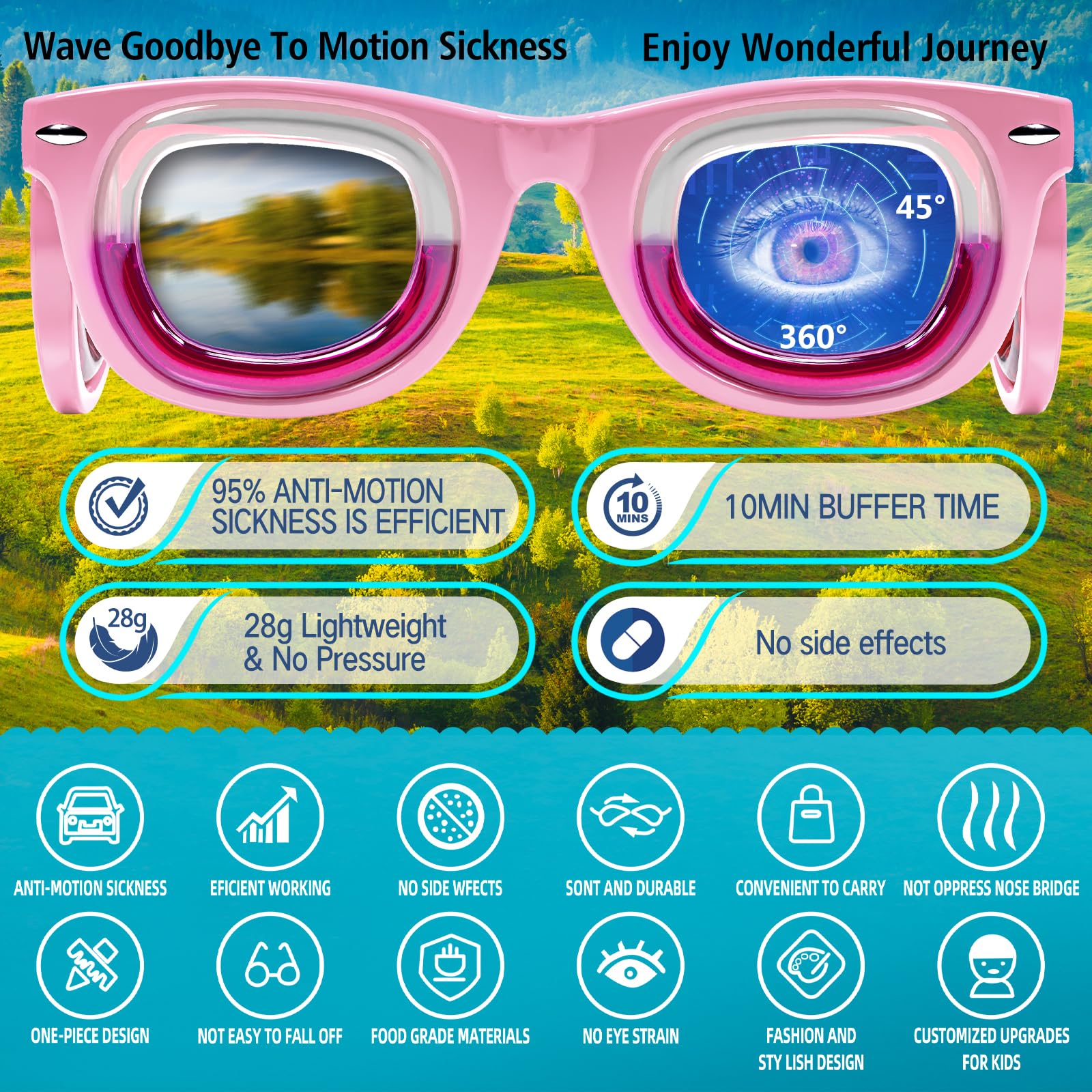 Hion Kids Anti-Motion Sickness Smart Glasses (Ages 3–8) – Ultra-Light Pink Travel Glasses