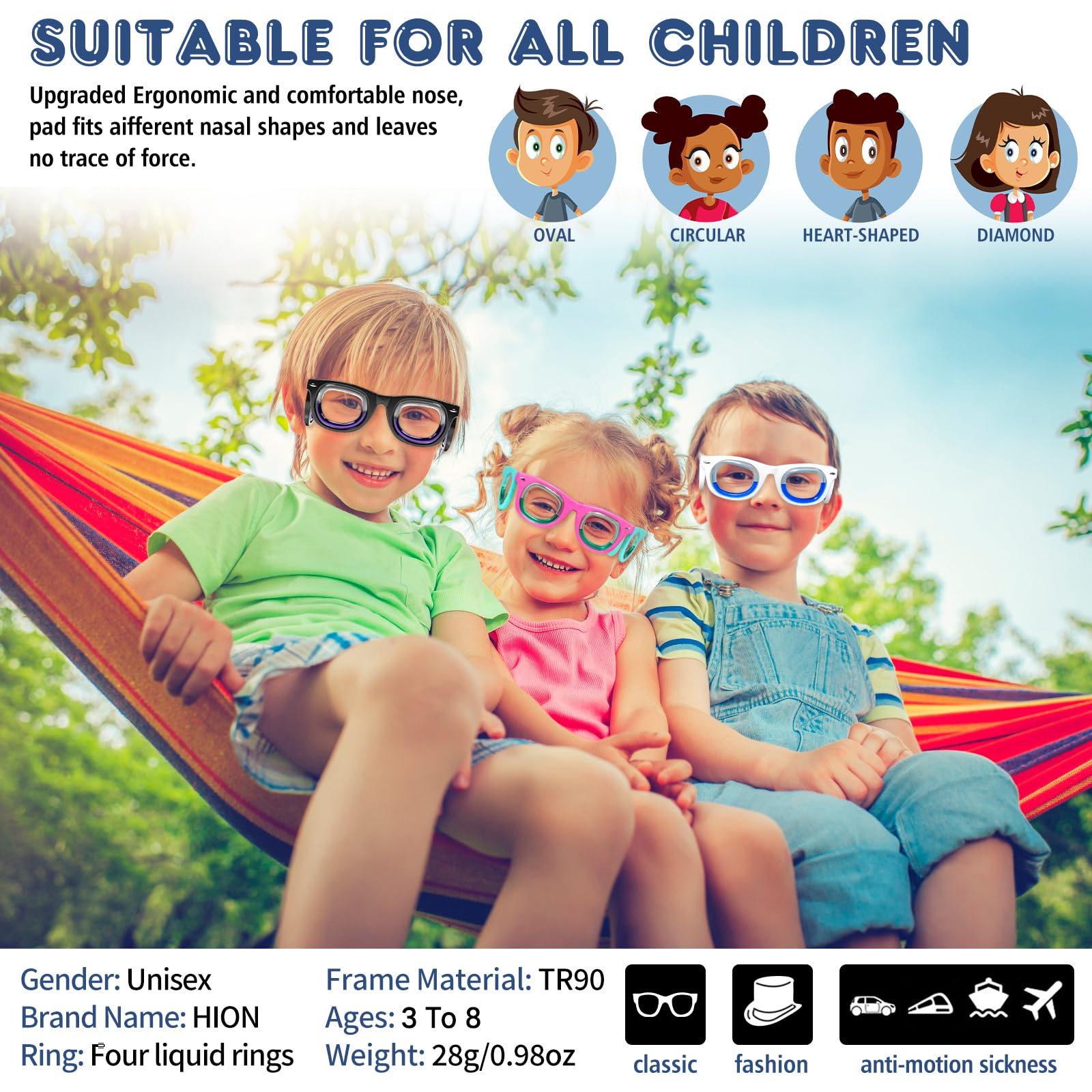 Hion Kids Anti-Motion Sickness Smart Glasses – Ultra-Light Travel Glasses for 3-8 Year Olds (White)