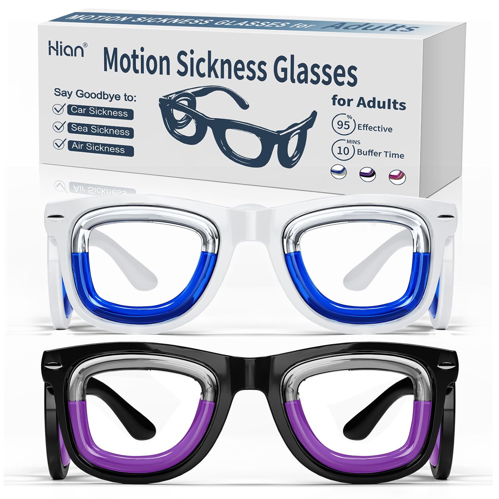 Hion 2 Pairs Adult Anti-Motion Sickness Smart Glasses – Ultra-Light Portable (White+Black)
