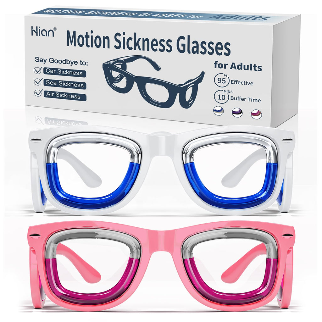 Hion 2 Pairs Adult Anti-Motion Sickness Smart Glasses — Ultra-Light, Travel-Ready Nausea Relief (White + Pink)