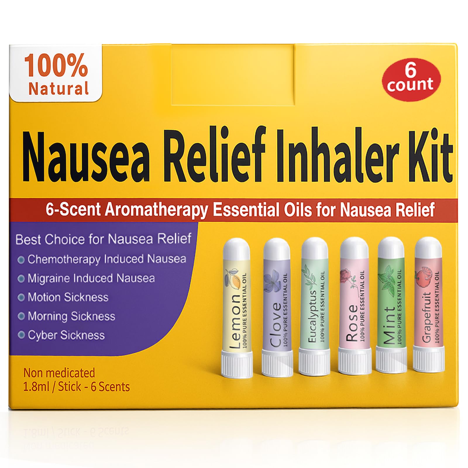 Hion Nausea Relief Inhaler 6-Pack for Motion Sickness & Morning Sickness | Natural Mint Aromatherapy