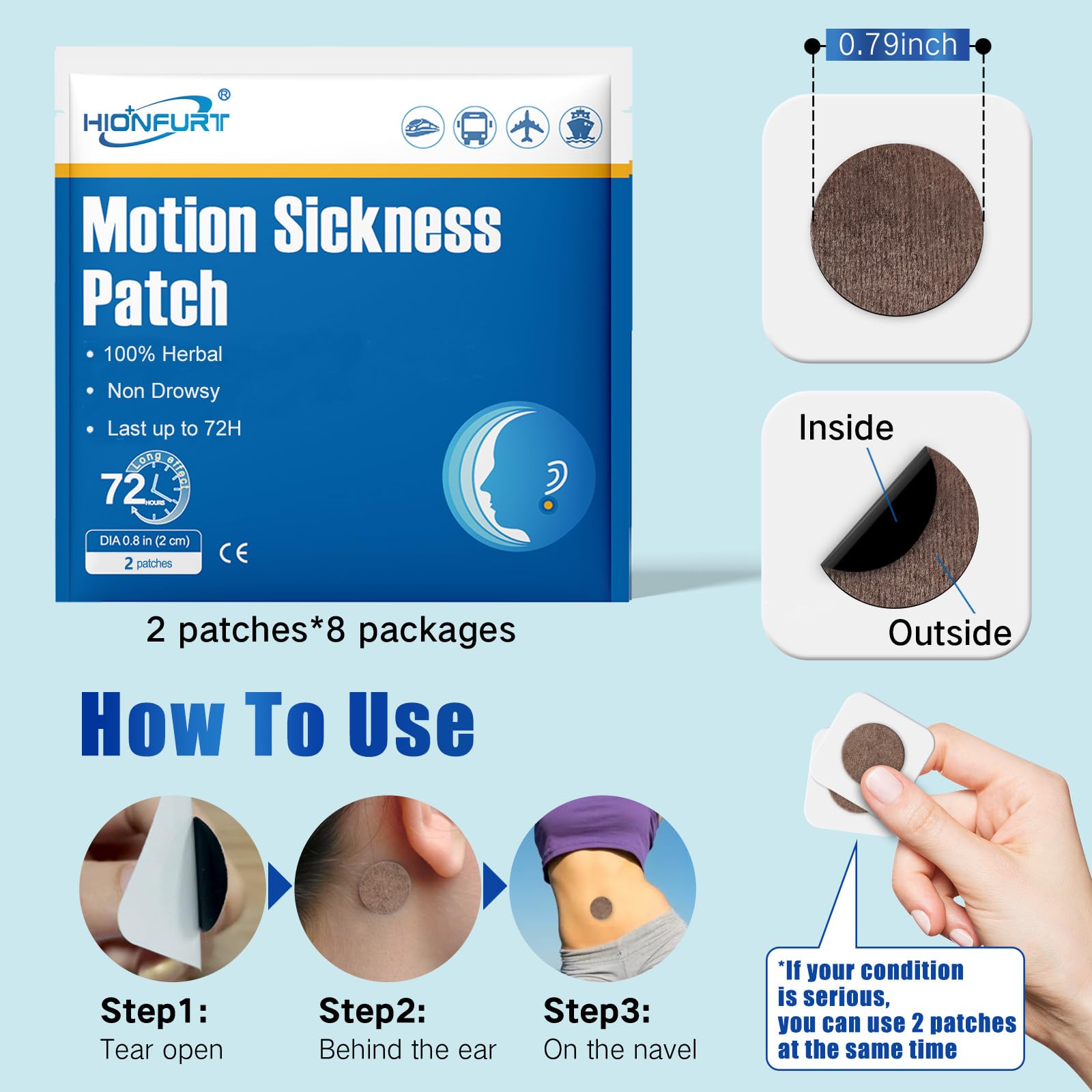 Hionfurt 64ct Motion Sickness Patches – Non-Drowsy Travel Sea Sickness Patches, 72-Hour Wear
