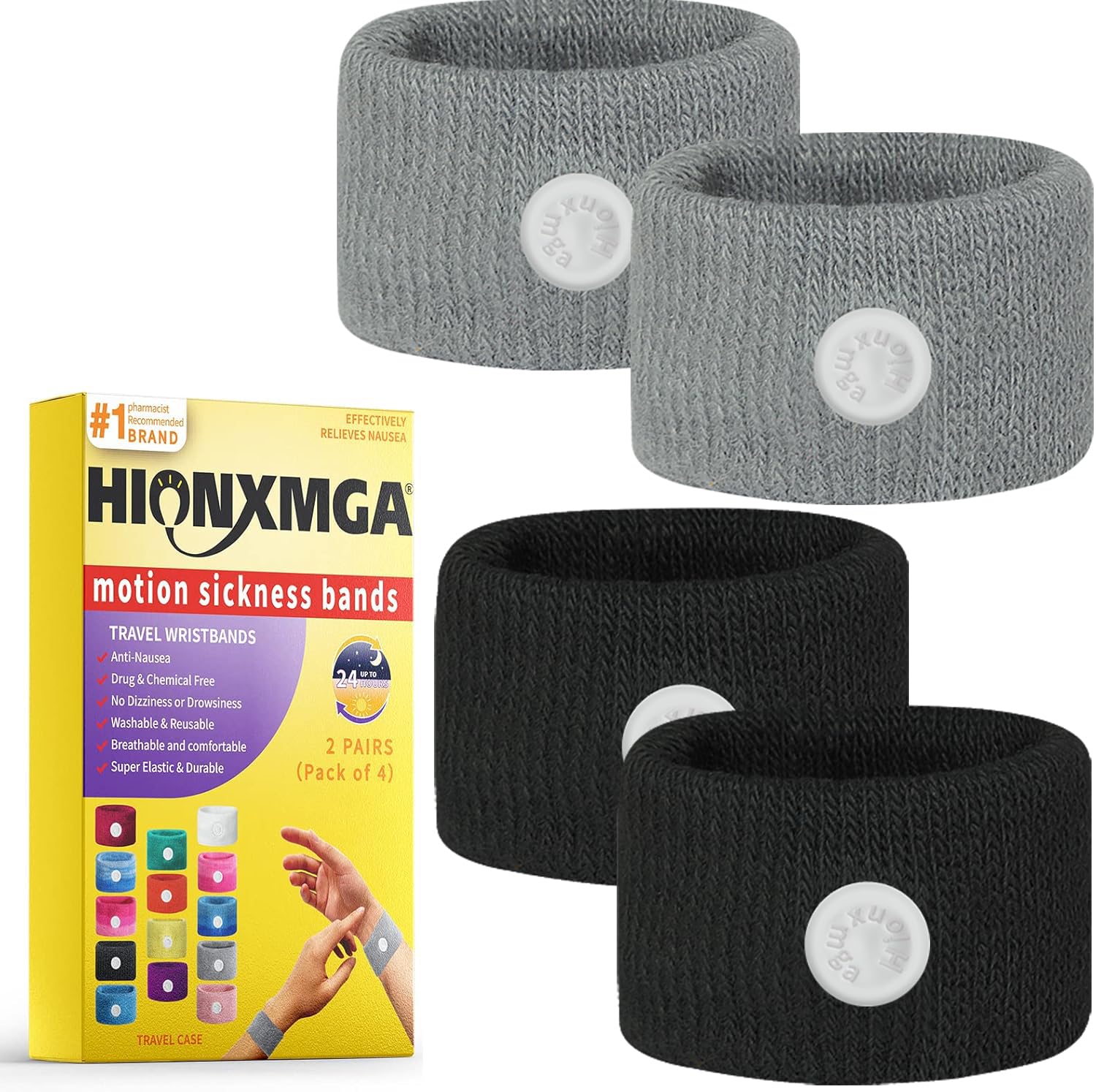 HIONXMGA 2 Pairs Motion Sickness Bands – Natural Acupressure Wristbands for Travel (Adults & Kids)