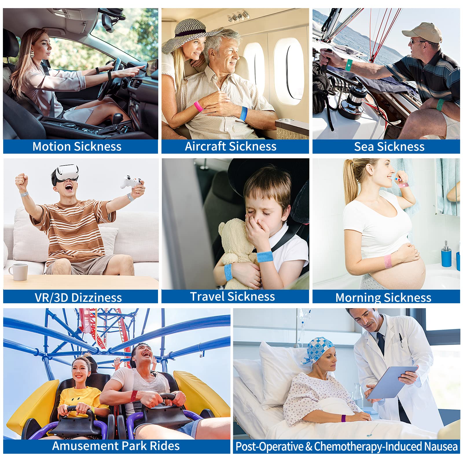HIONXMGA 6 Pairs Motion Sickness Bands – Natural Acupressure Nausea Relief for Car, Cruise & Flight Travel (Adults & Kids)