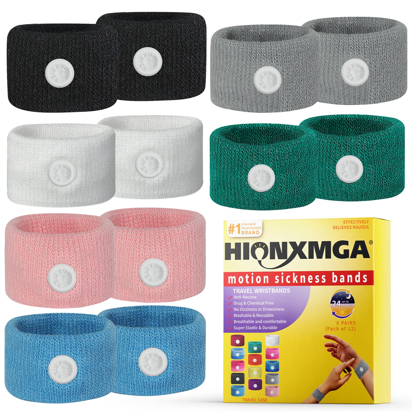 HIONXMGA 6 Pairs Motion Sickness Bands – Natural Acupressure Nausea Relief for Car, Cruise & Flight Travel (Adults & Kids)