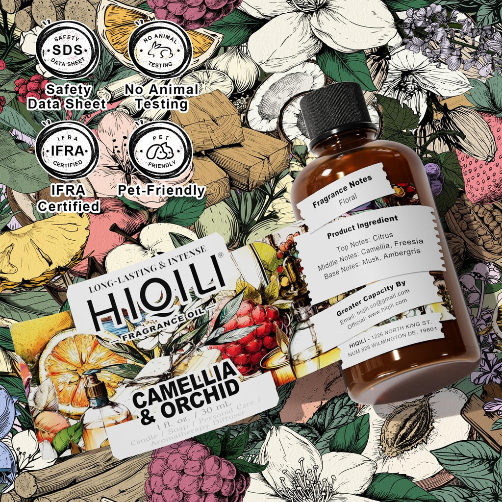 HIQILI Camellia & Orchid Fragrance Oil – 1 Fl Oz for Candle, Soap, Perfume, Shampoo & Body Lotion