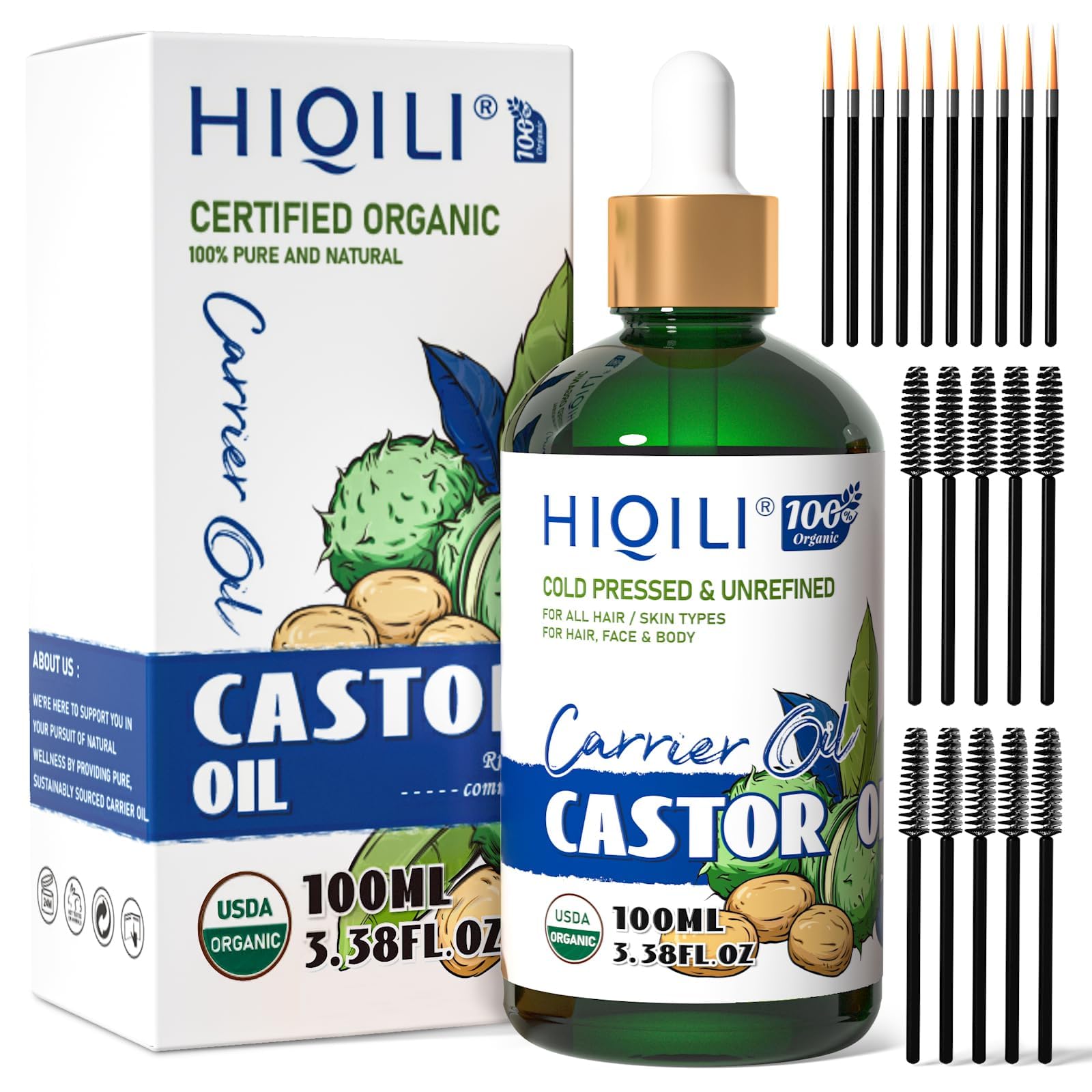 HIQILI Castor Oil Organic Cold Pressed - Hexane Free, USDA Organic, 3.38 Fl Oz Glass Bottle