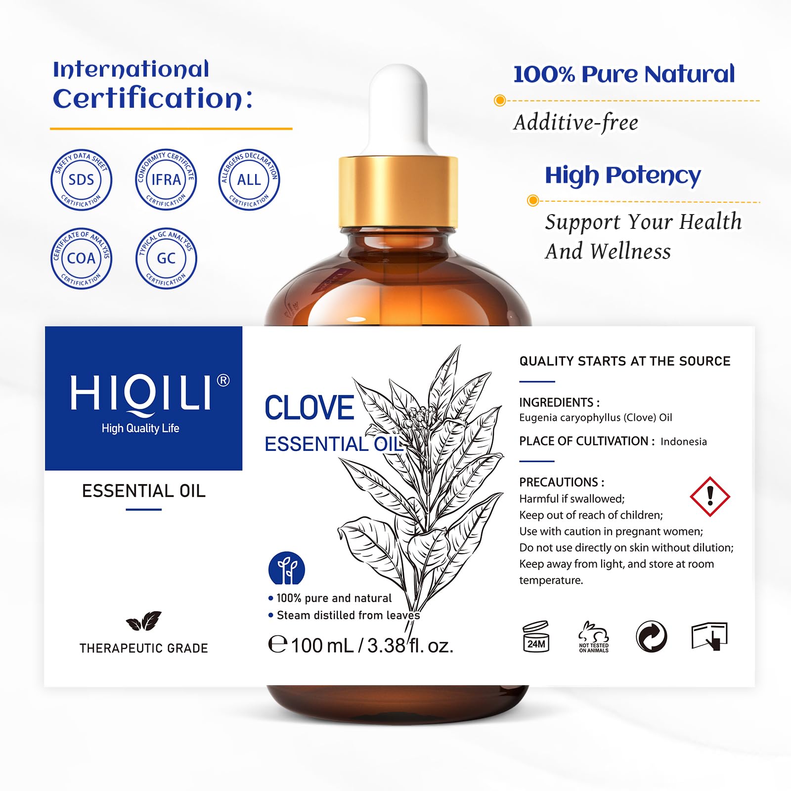 HIQILI 100ML Clove Oil for Teeth & Gums - 100% Pure Essential Oil, 3.38 Fl oz