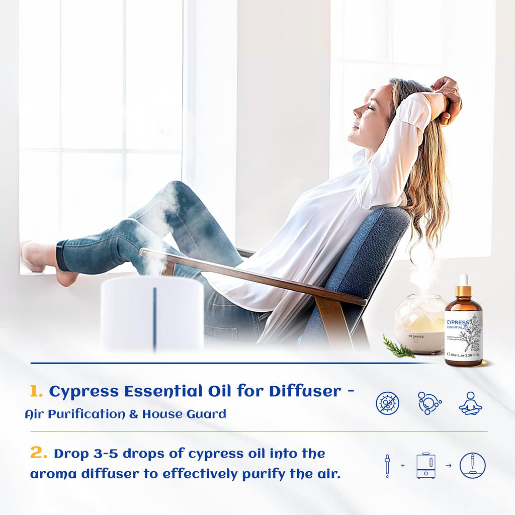 HIQILI Cypress Essential Oil - 100ml Pure Cypress for Diffuser & Skin Care (Includes 10ml Travel Bottle)