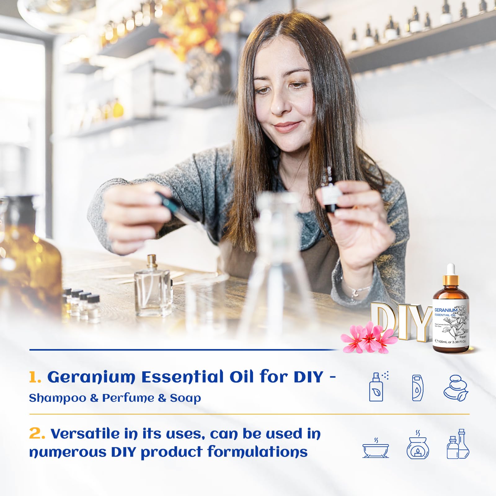 HIQILI 100ML Geranium Essential Oil – Pure & Natural for Skin, Diffuser & Candle | 3.38 Fl Oz