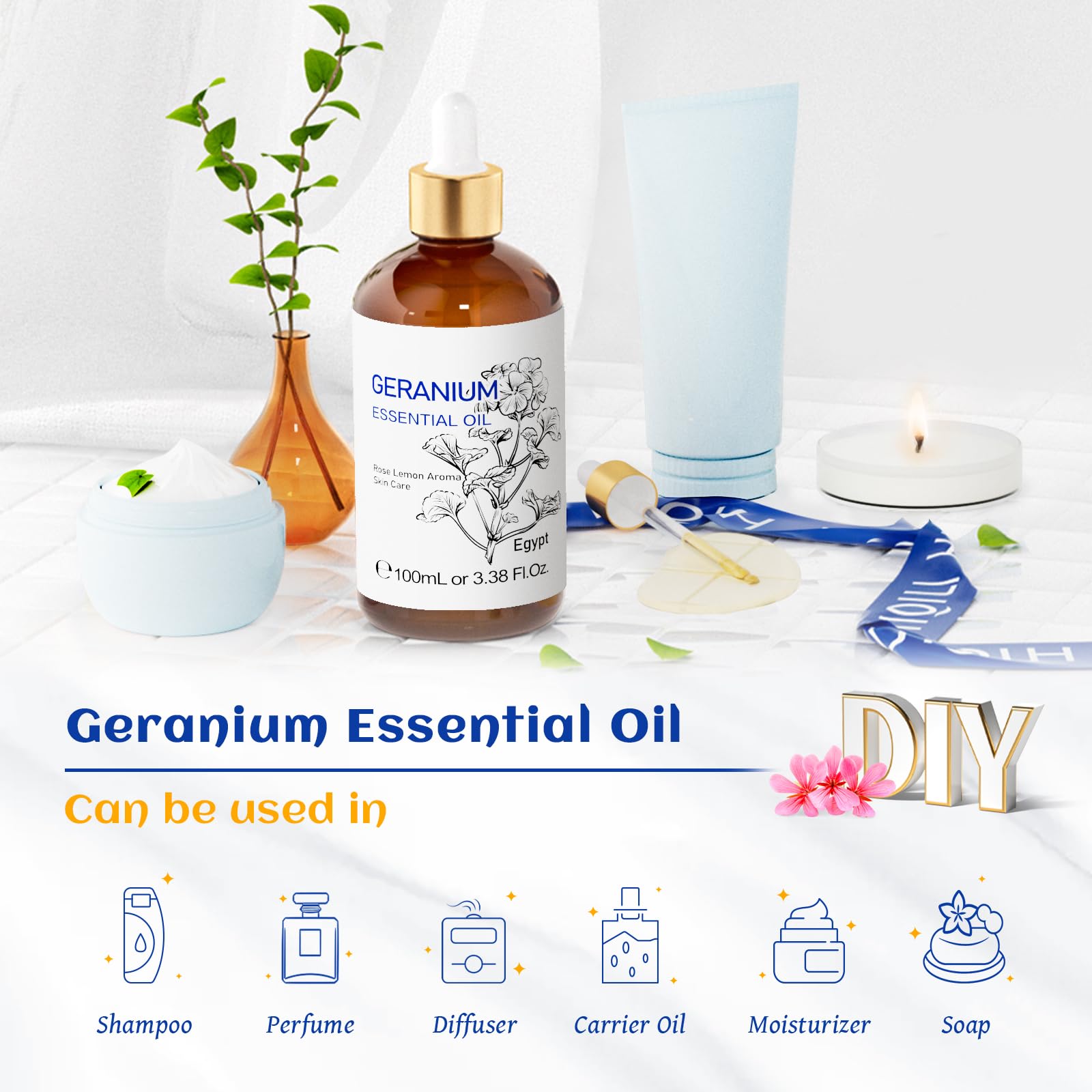 HIQILI 100ML Geranium Essential Oil – Pure & Natural for Skin, Diffuser & Candle | 3.38 Fl Oz