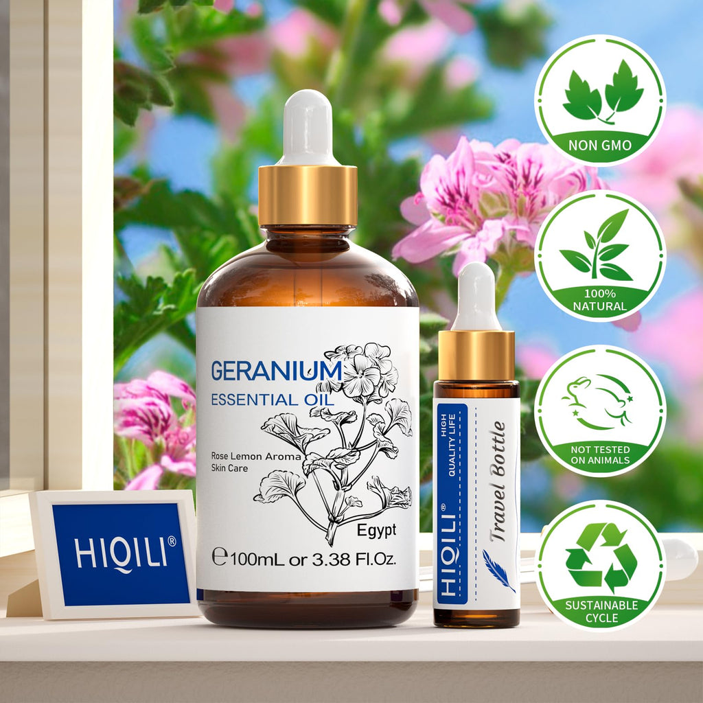 HIQILI 100ML Geranium Essential Oil – Pure & Natural for Skin, Diffuser & Candle | 3.38 Fl Oz