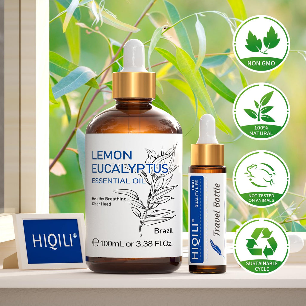 HIQILI Lemon Eucalyptus Oil - 100 ml (3.38 Fl Oz) Pure Essential Oil for Diffuser & Spray