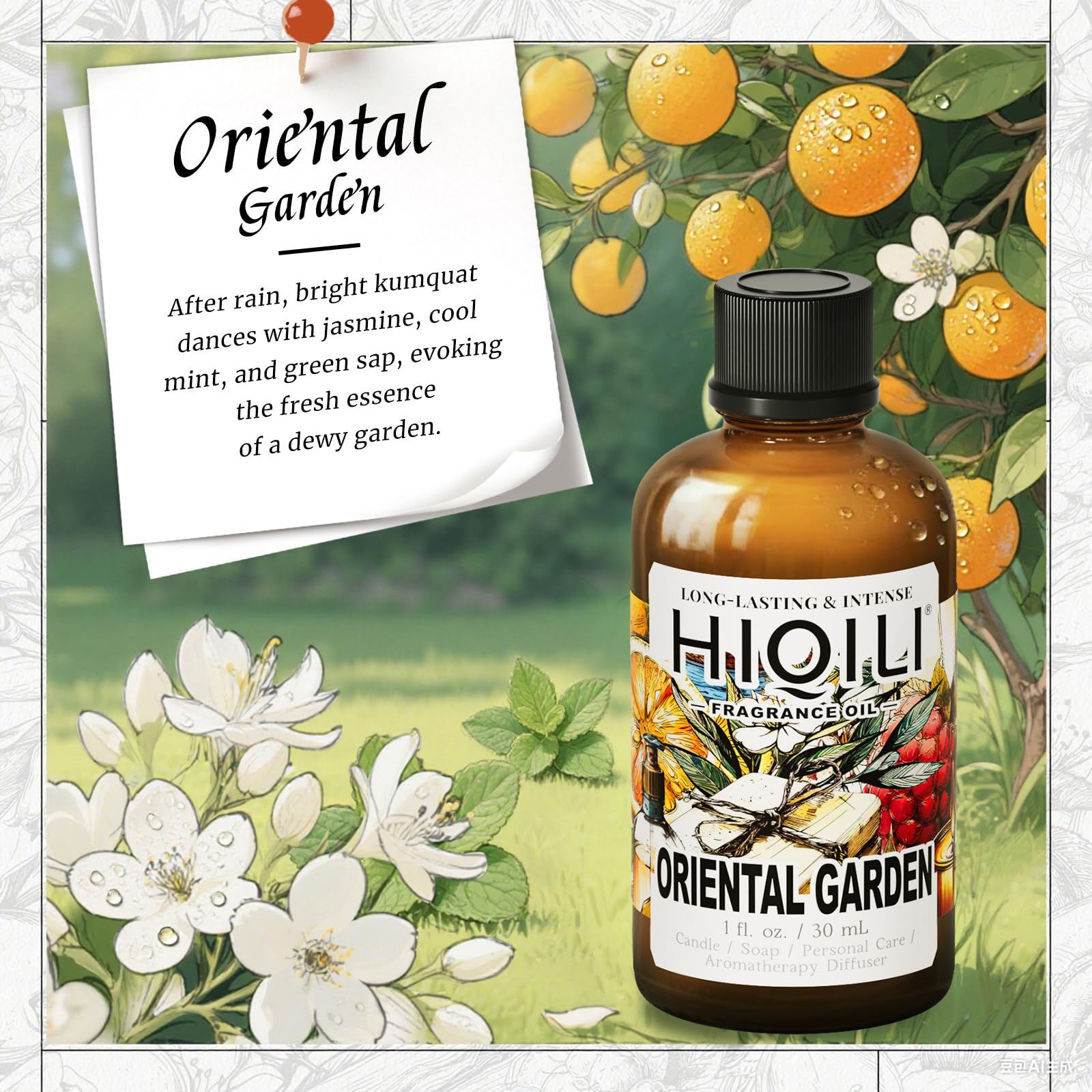 HIQILI Oriental Garden Fragrance Oil for Candle & Soap Making – Inspired by H.er-mes Le-Jrn deMonsr-Li – Luxury Hotel Scents for Diffusers – 1 Fl Oz