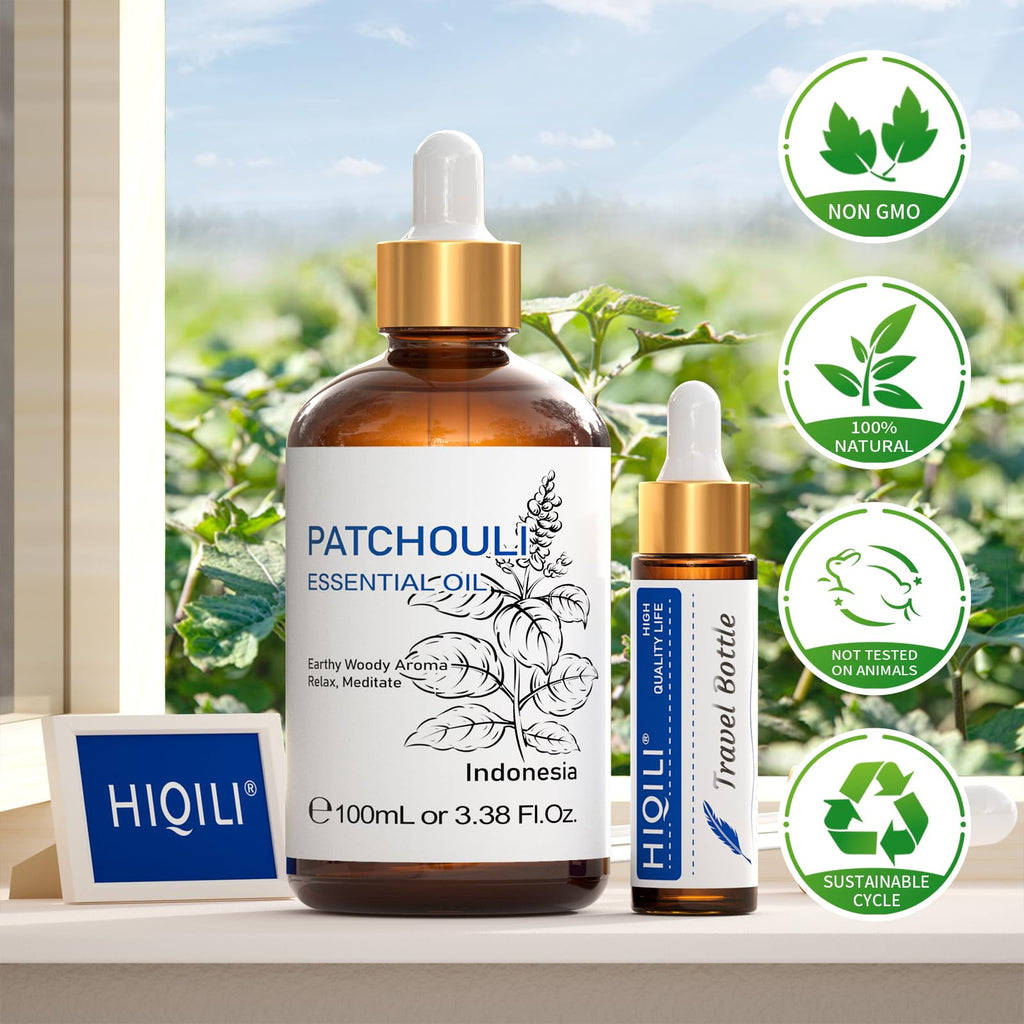 HIQILI Patchouli Essential Oil – 100ml, 100% Pure & Natural for DIY Perfume, Skincare & Diffuser