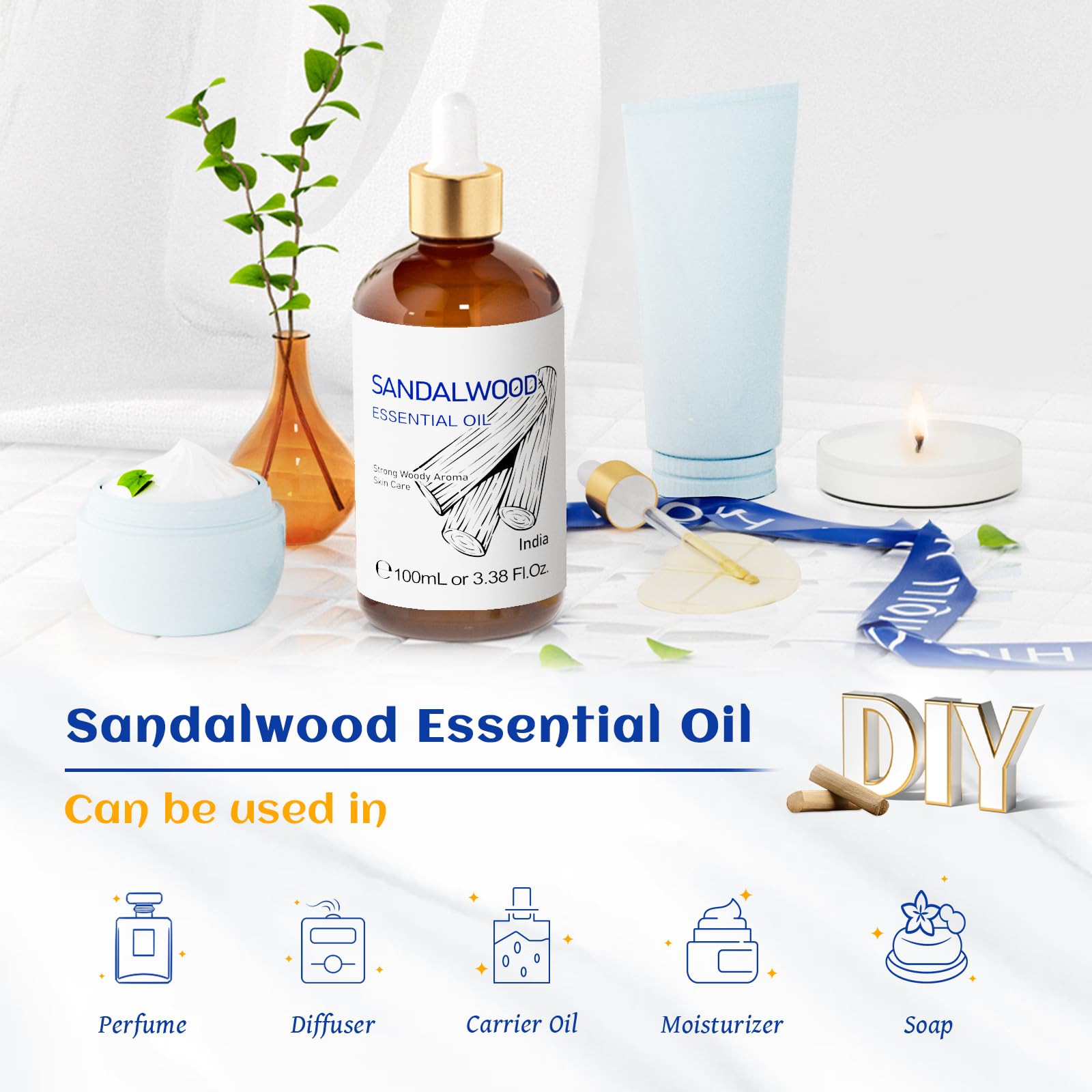 HIQILI Sandalwood Essential Oil – Long-Lasting Scent for Perfume, Diffuser, Soap Making & Candle (3.38 fl oz)