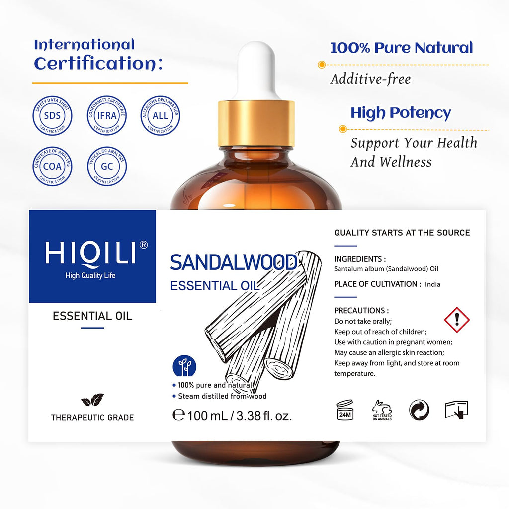 HIQILI Sandalwood Essential Oil – Long-Lasting Scent for Perfume, Diffuser, Soap Making & Candle (3.38 fl oz)