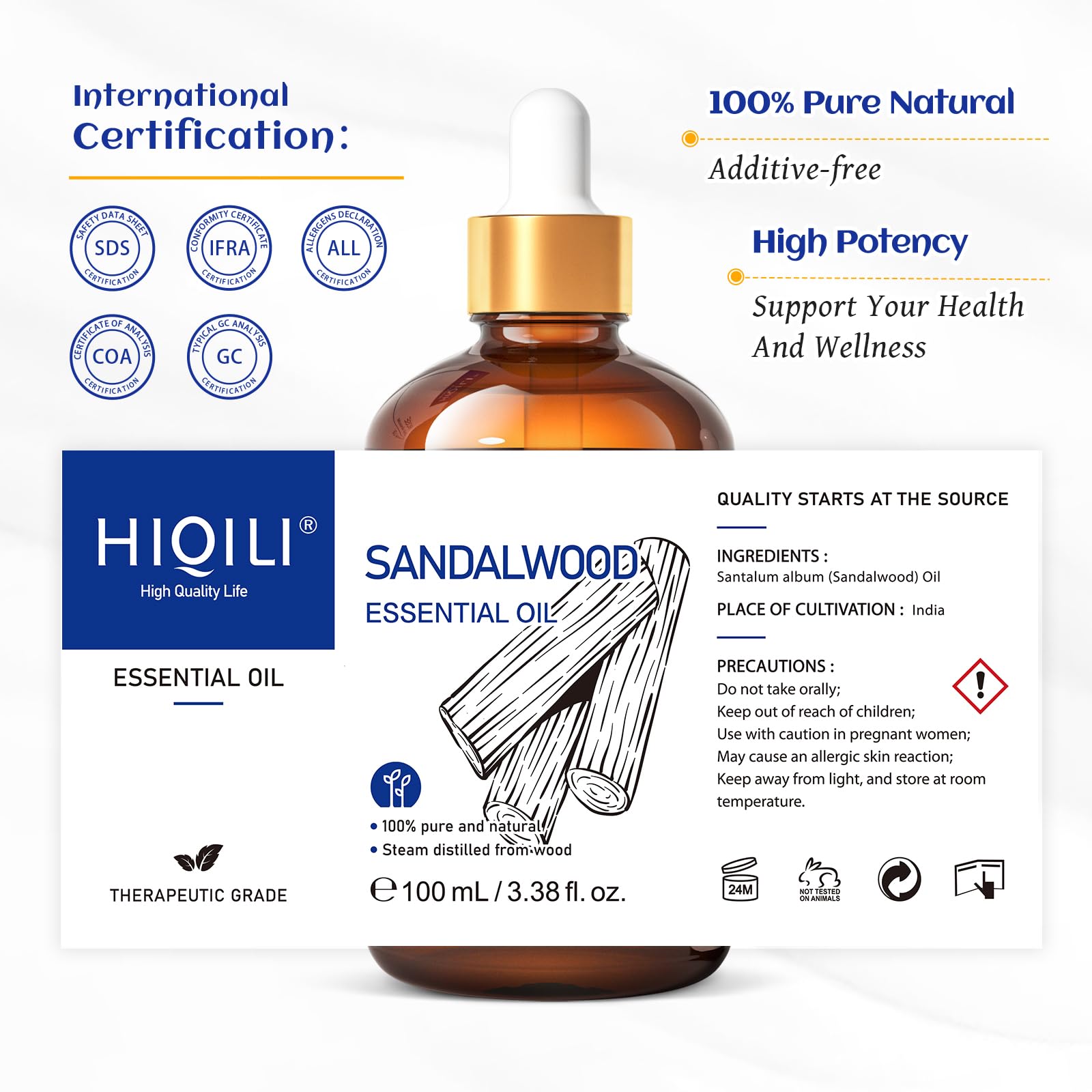 HIQILI Sandalwood Essential Oil – Long-Lasting Scent for Perfume, Diffuser, Soap Making & Candle (3.38 fl oz)