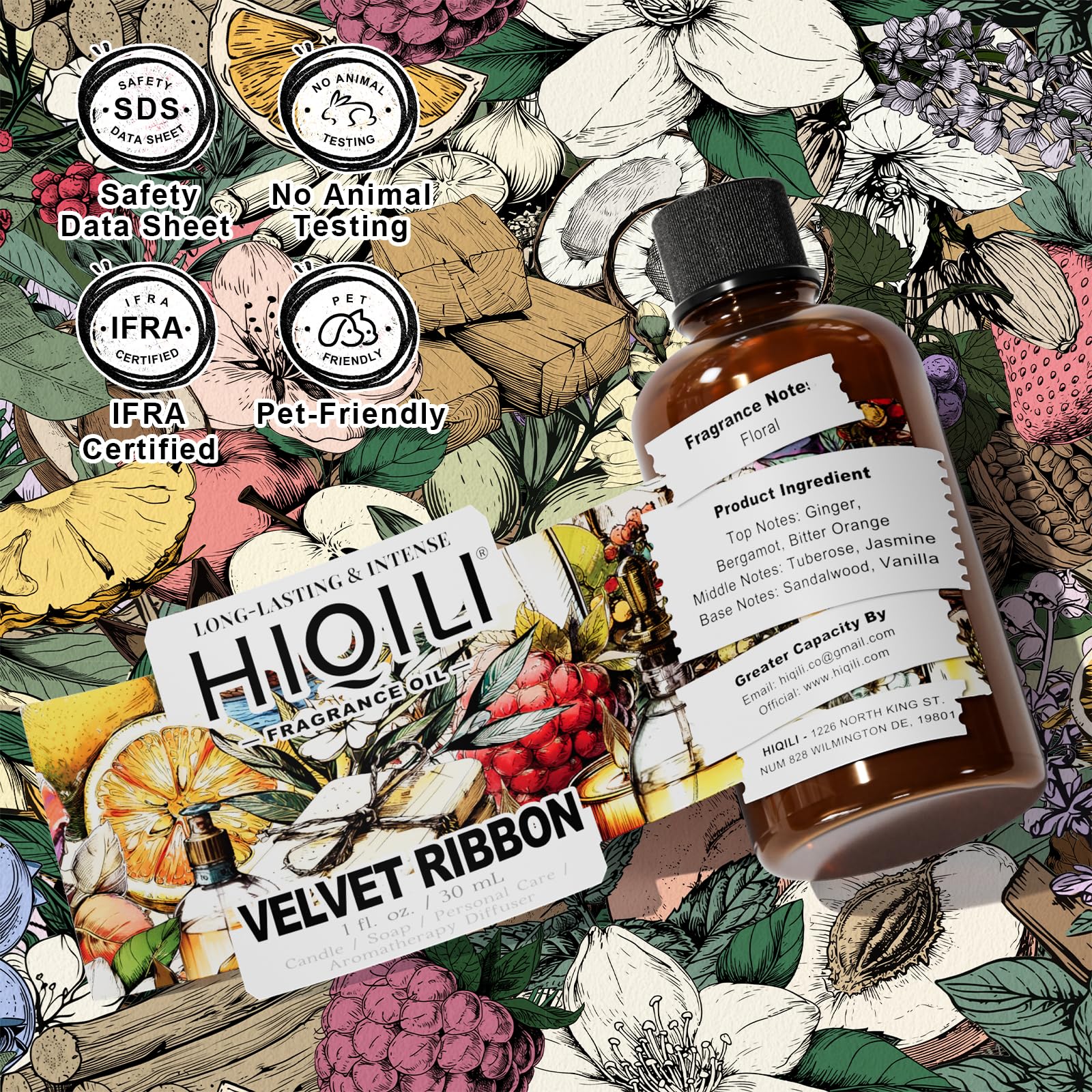 HIQILI Velvet Ribbon Fragrance Oil – Rich Floral Scent with Jasmine, Vanilla & Tuberose for Diffusers & DIY (1 Fl Oz)