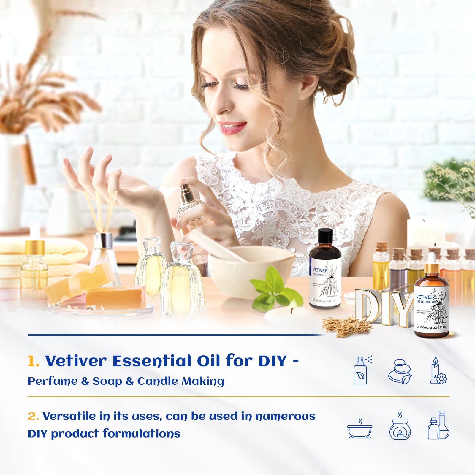 HIQILI Vetiver Essential Oil 100ml – 100% Pure, Natural, Calm & Diffuser (3.38 Fl Oz)
