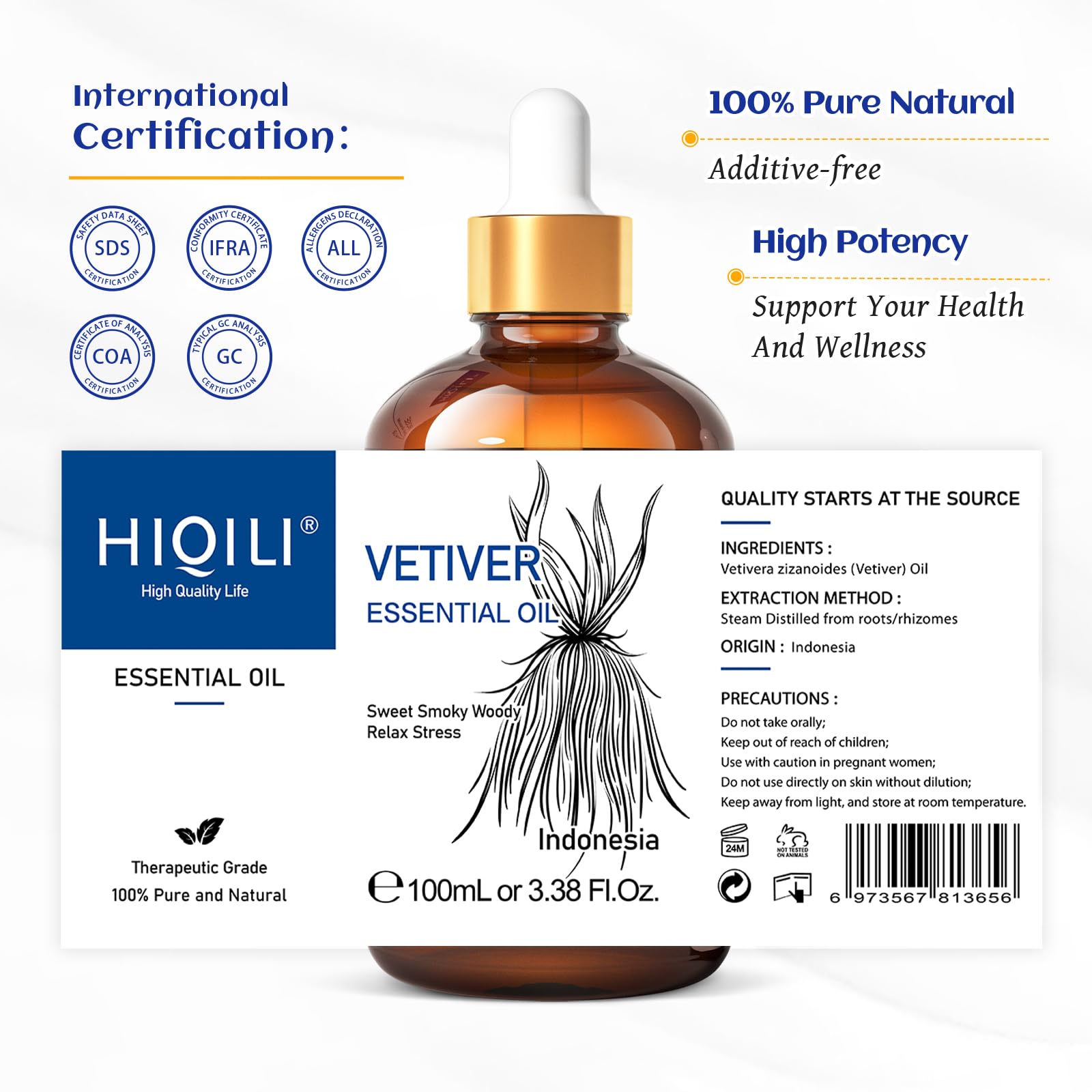 HIQILI Vetiver Essential Oil 100ml – 100% Pure, Natural, Calm & Diffuser (3.38 Fl Oz)