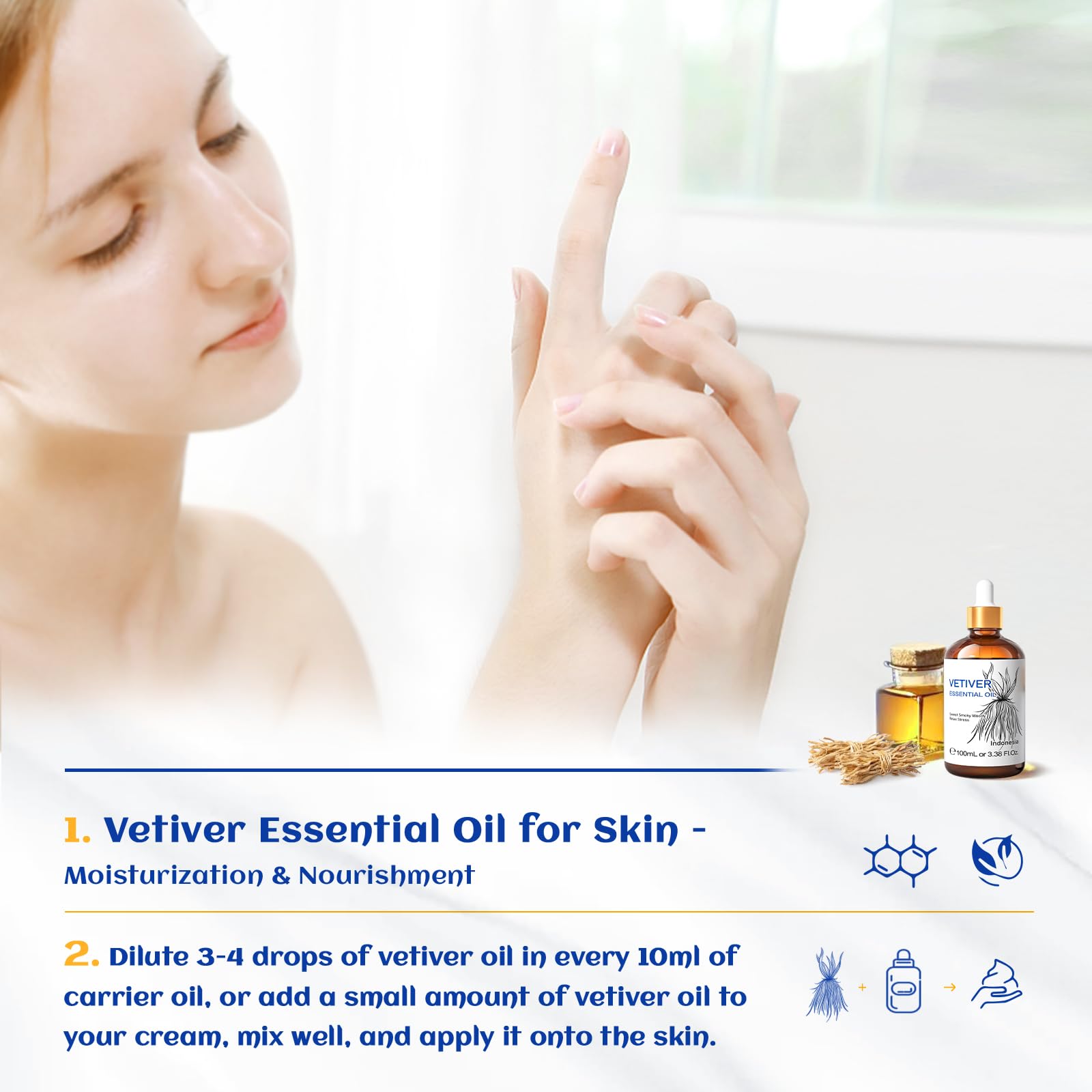 HIQILI Vetiver Essential Oil 100ml – 100% Pure, Natural, Calm & Diffuser (3.38 Fl Oz)