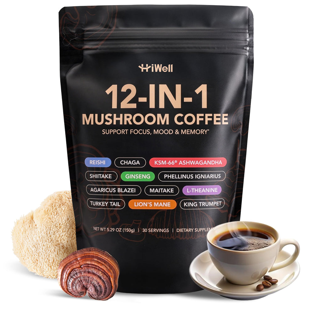 HiWell 12-in-1 Mushroom Coffee - Organic Ginseng, Lion's Mane, Low Caffeine