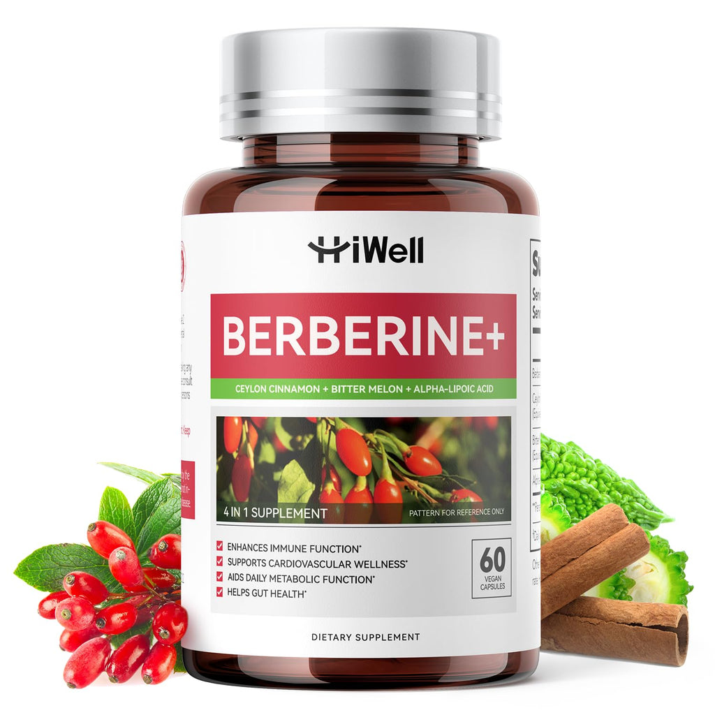 HiWell Berberine with Ceylon Cinnamon | Blood Sugar & Cholesterol Support | Gluten-Free, Non-GMO & Vegan | 60 Capsules