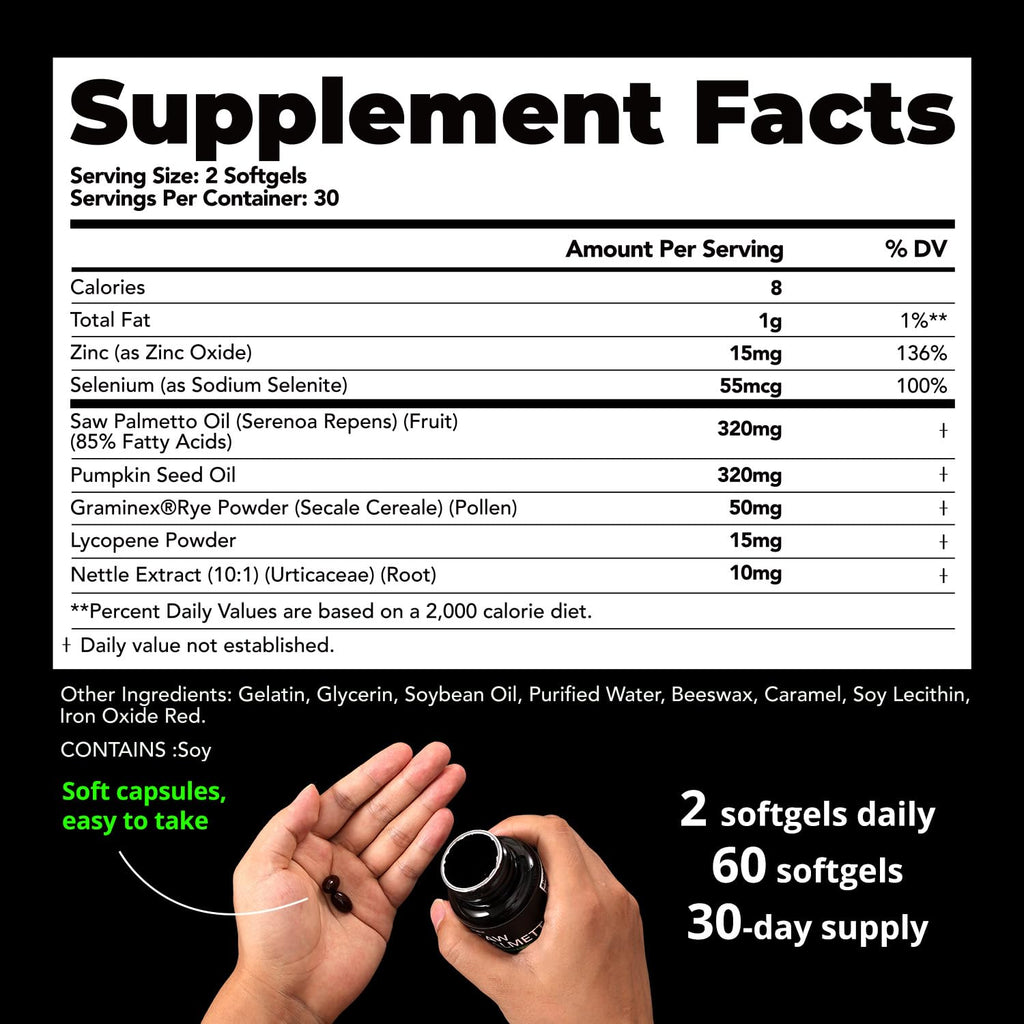 HiWell Absorfyx Saw Palmetto for Men Prostate Health Supplement, Pharmaceutical Grade - Pumpkin Seed Oil - Graminex® - Nettle Supports Urinary Function & Hair Loss Prevention, DHT Blocker, 60 softgels