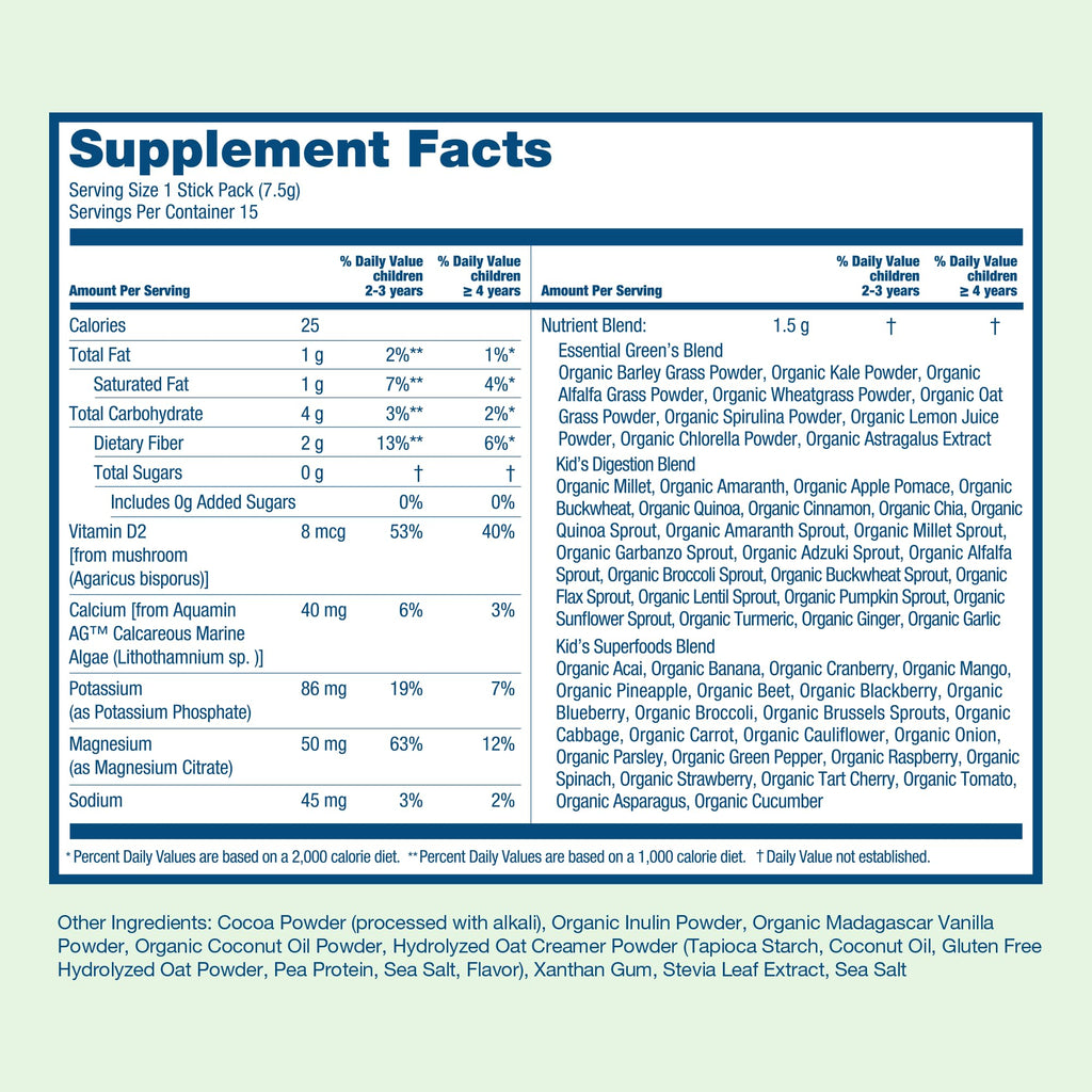 HIYA Kids Greens Powder Sticks - 55 Whole-Food Ingredients (Chocolate)