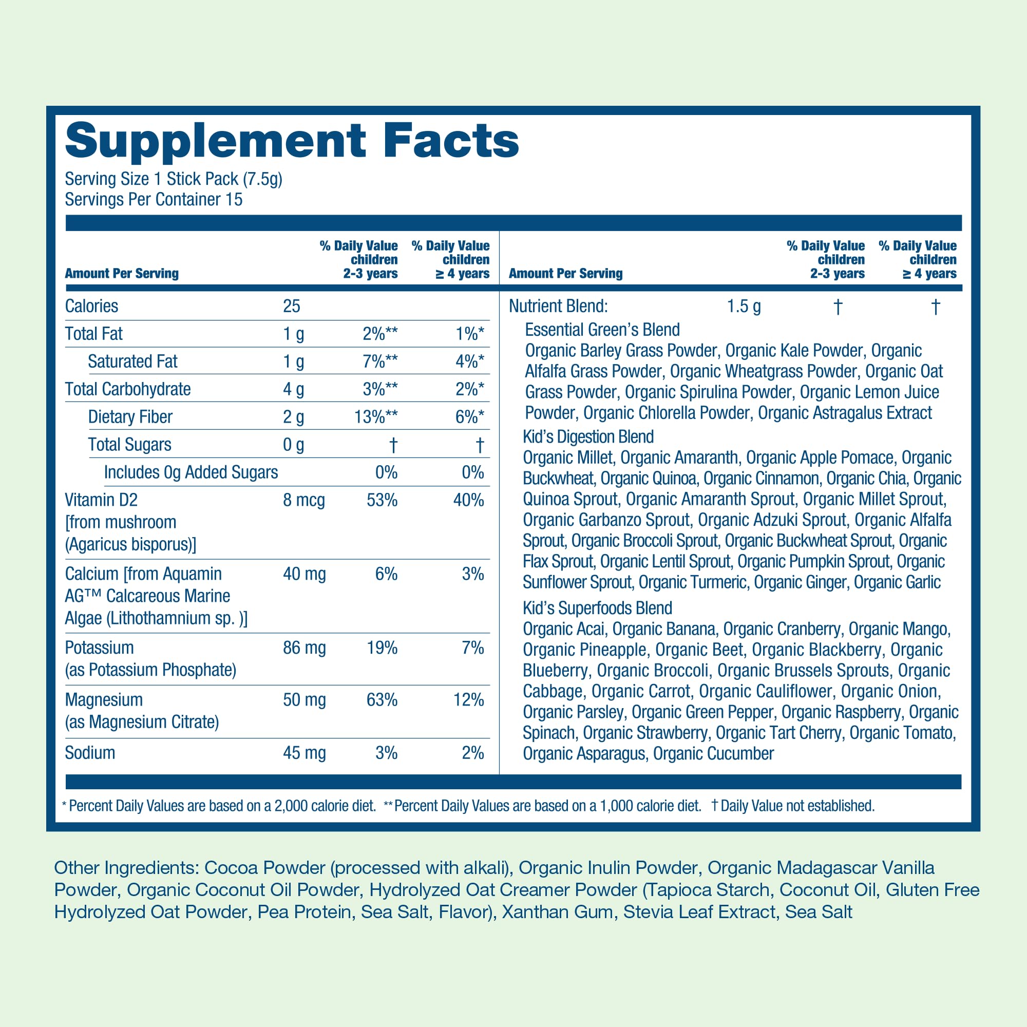 HIYA Kids Greens Powder Sticks - 55 Whole-Food Ingredients (Chocolate)