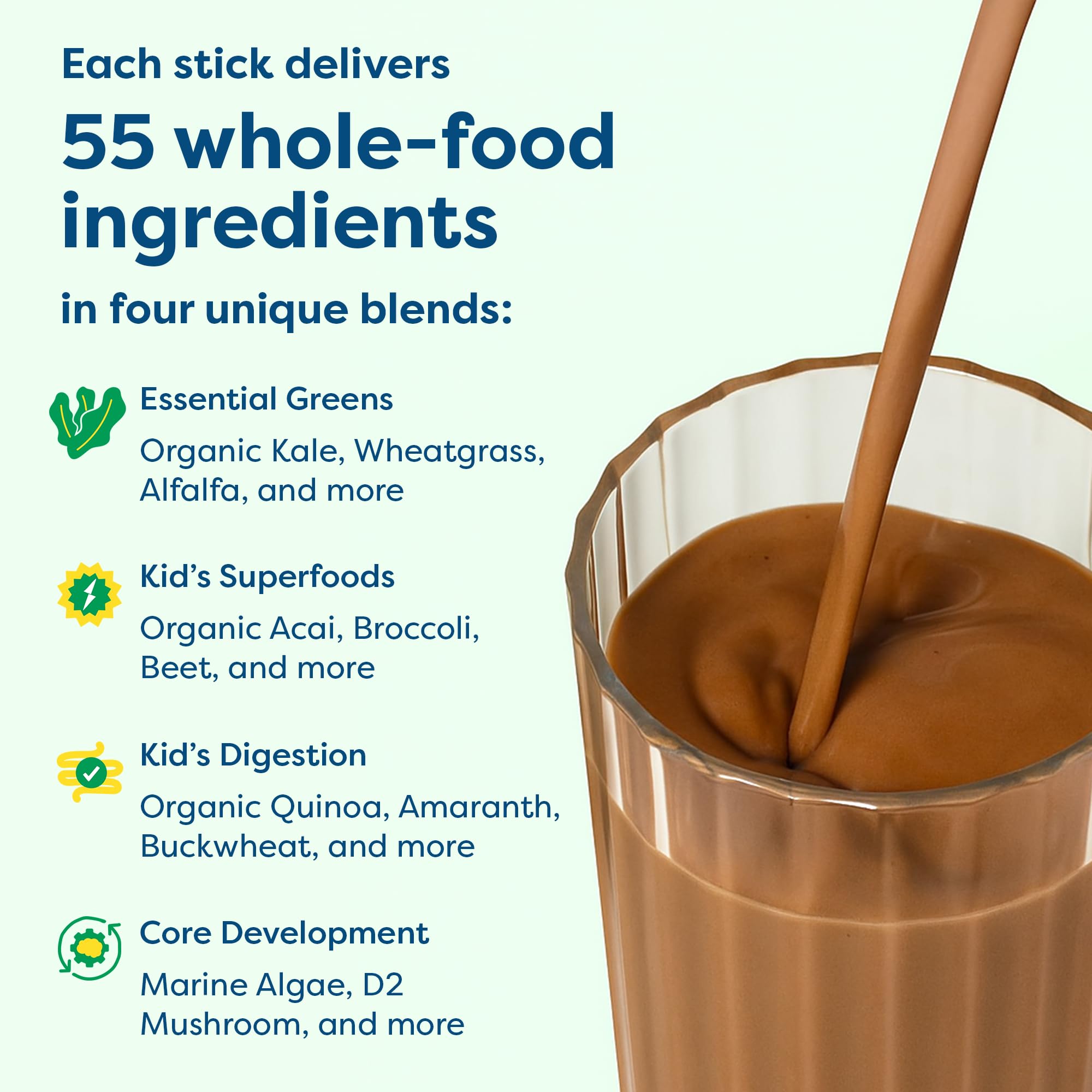 HIYA Kids Greens Powder Sticks - 55 Whole-Food Ingredients (Chocolate)