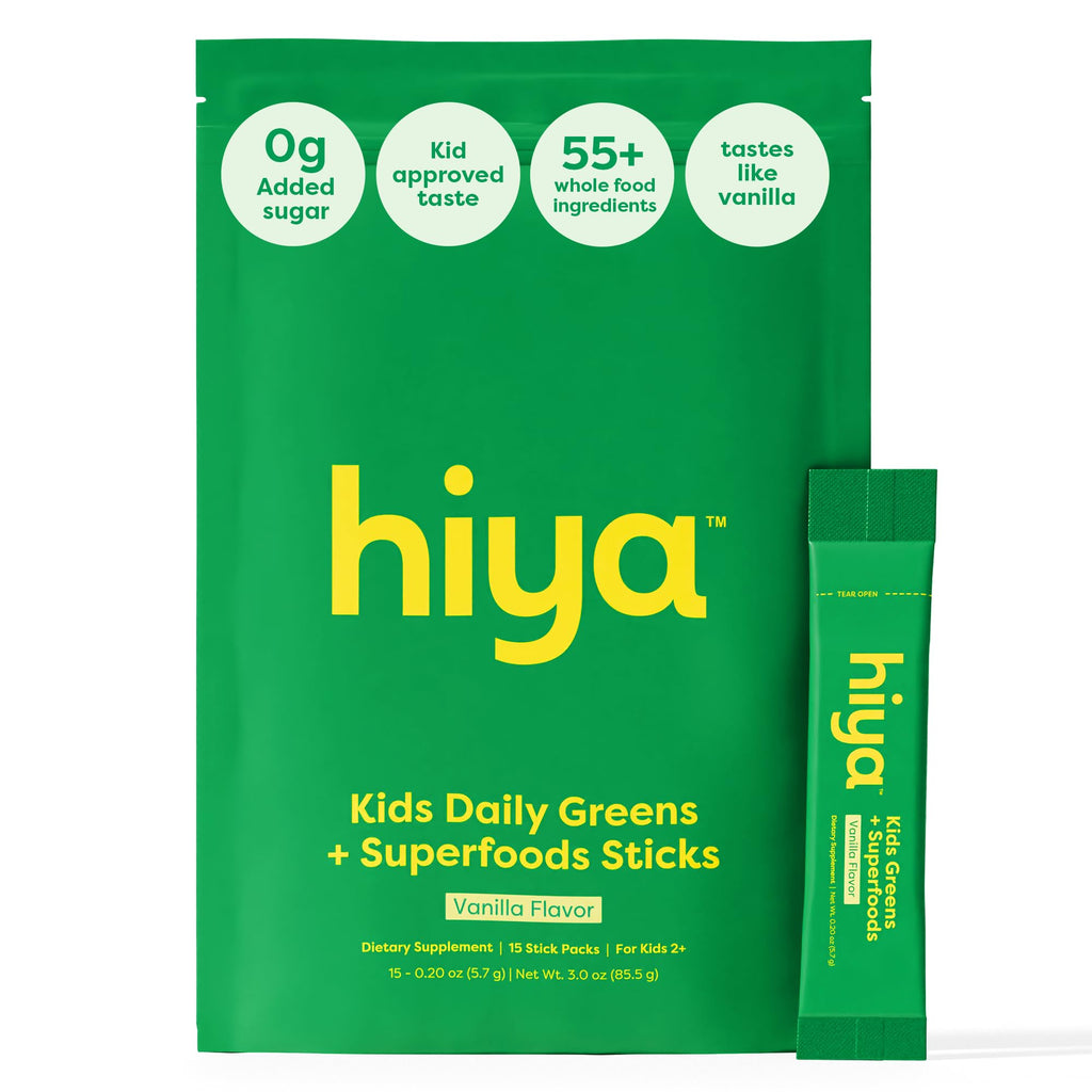 HIYA Kids Greens Powder Sticks – 55 Whole-Food Ingredients & Vanilla Flavor