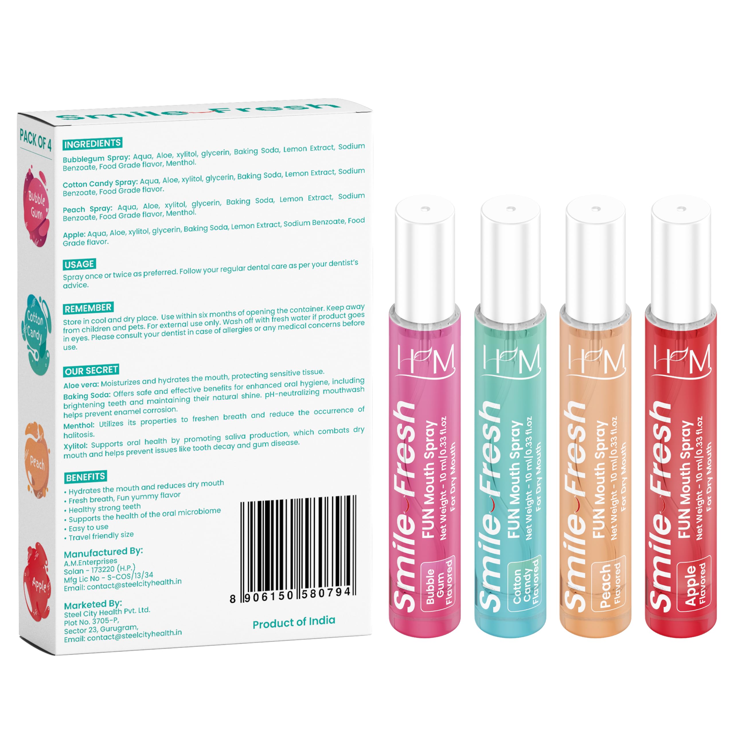 HM Dry Mouth Fun 4 Flavoured Spray – Alcohol-Free, Instant Hydration, 4 Flavors